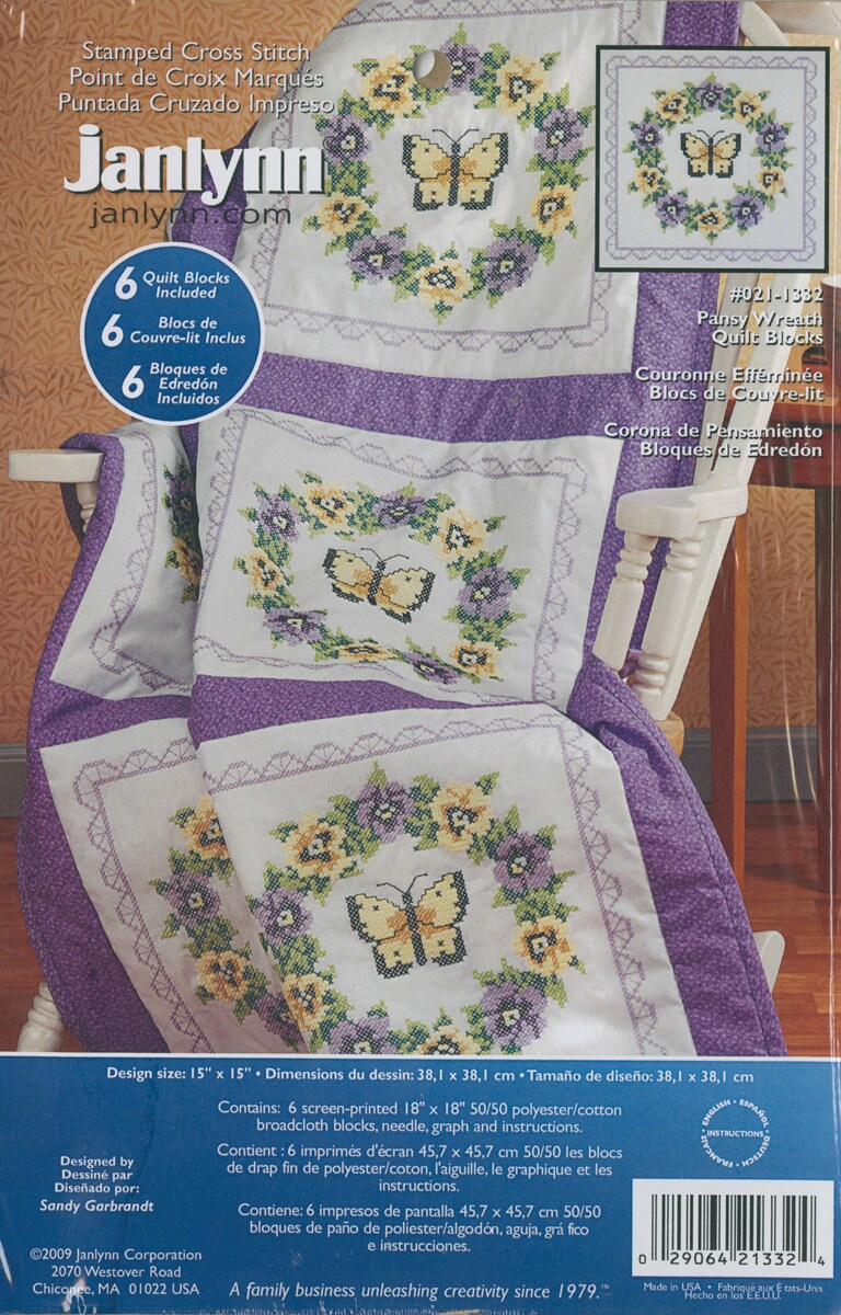 Janlynn Stamped Cross Stitch Quilt Blocks 18"X18" 6/Pkg-Pansy Wreath