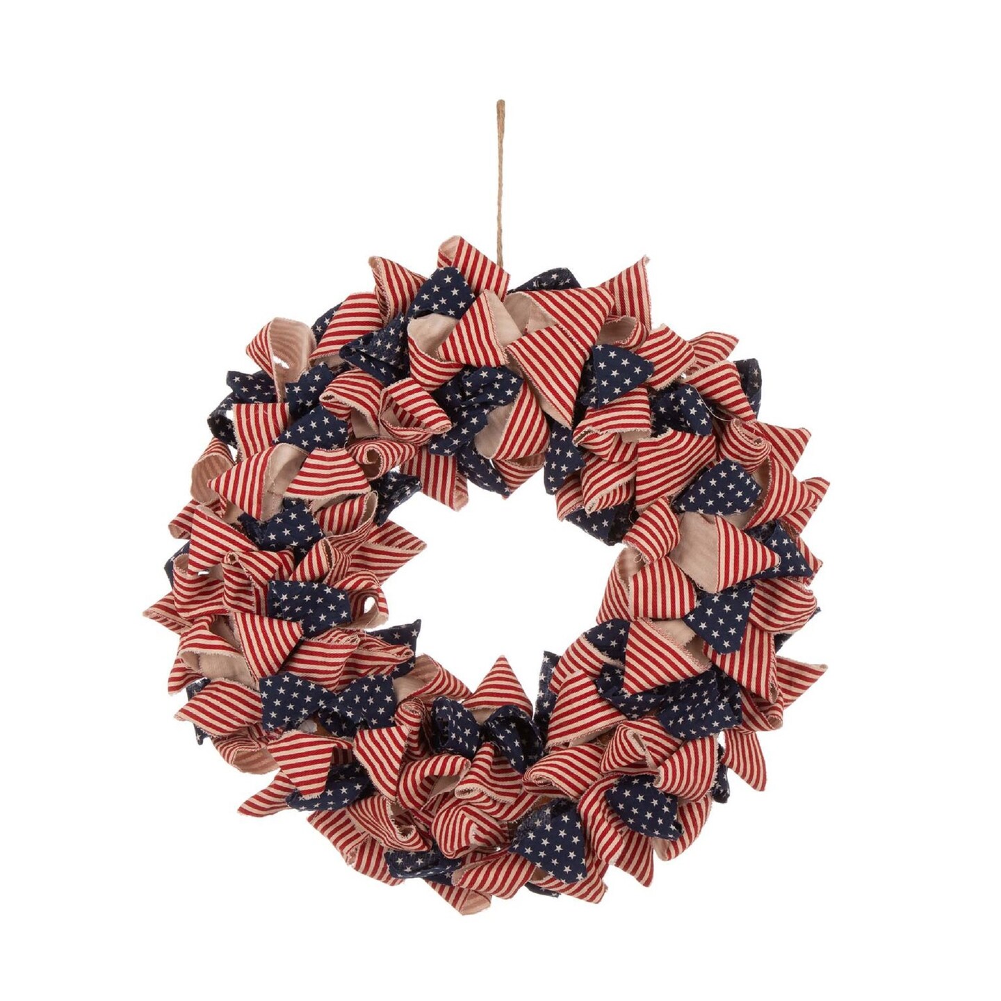 Glitzhome 18.9&#x22; Handcrafted Stripes and Stars Patriotic Fabric Wreath