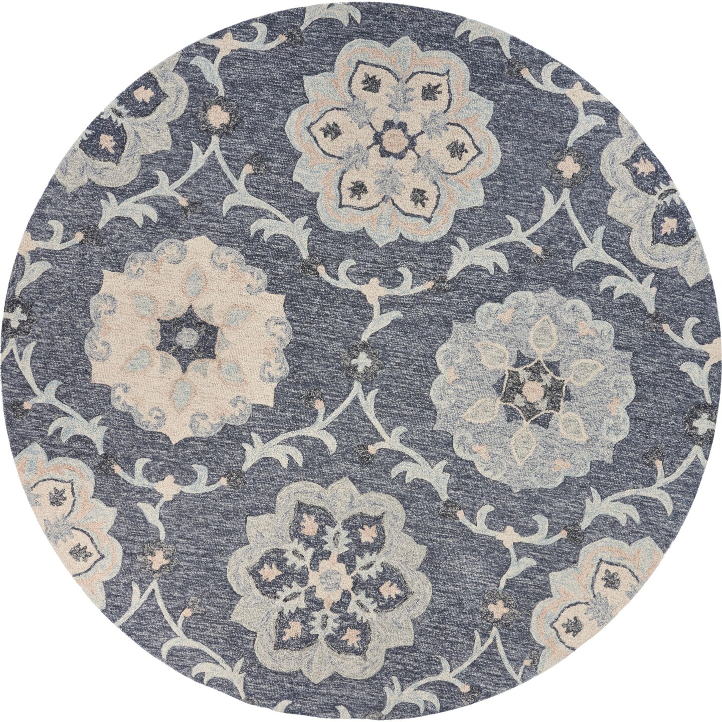 Laddha Home Designs 4.75&#x27; Gray and Blue Floral Hand Tufted Round Wool Area Throw Rug