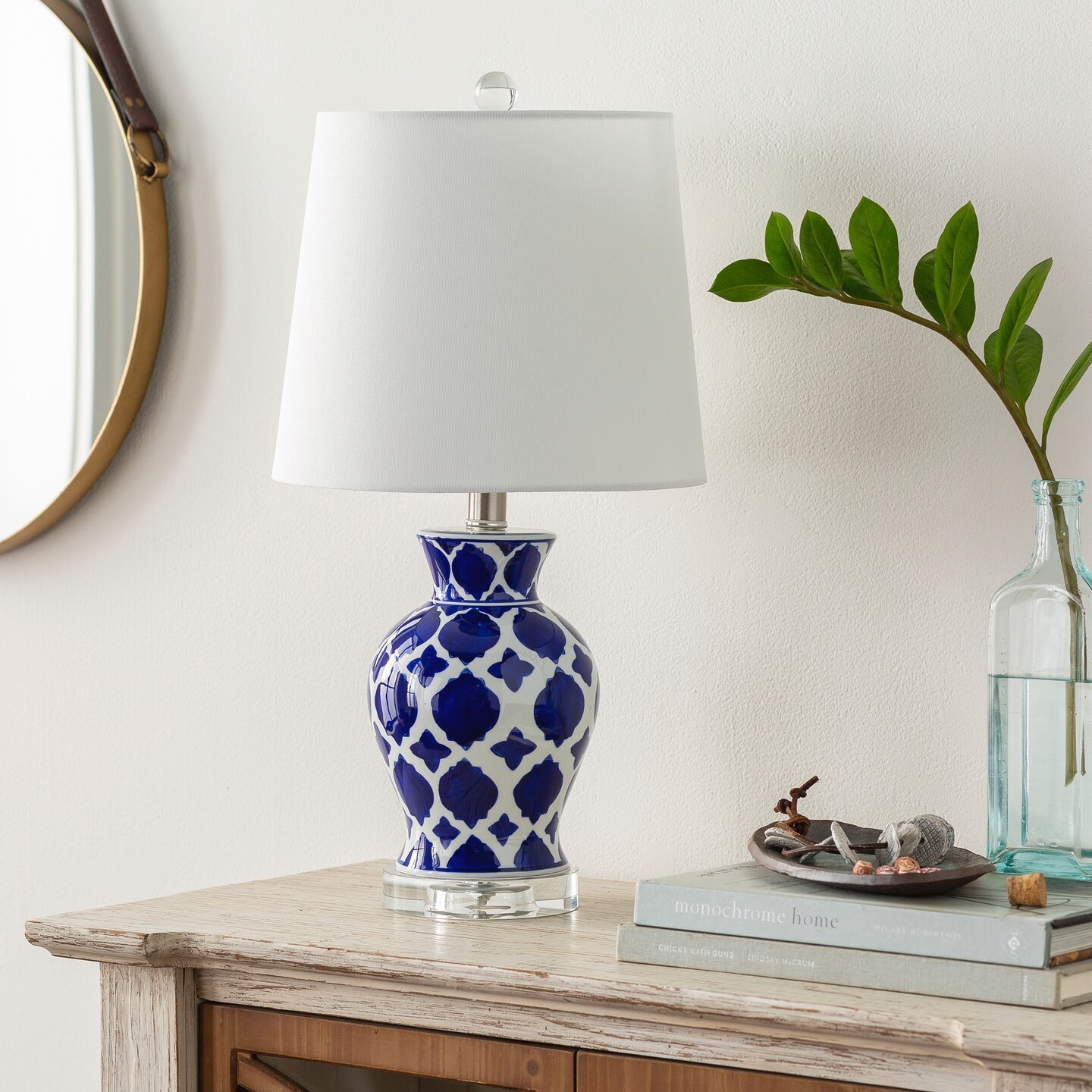 Tiwari Home 21&#x22; Blue Glazed Geometric Table Lamp with White Drum Shade