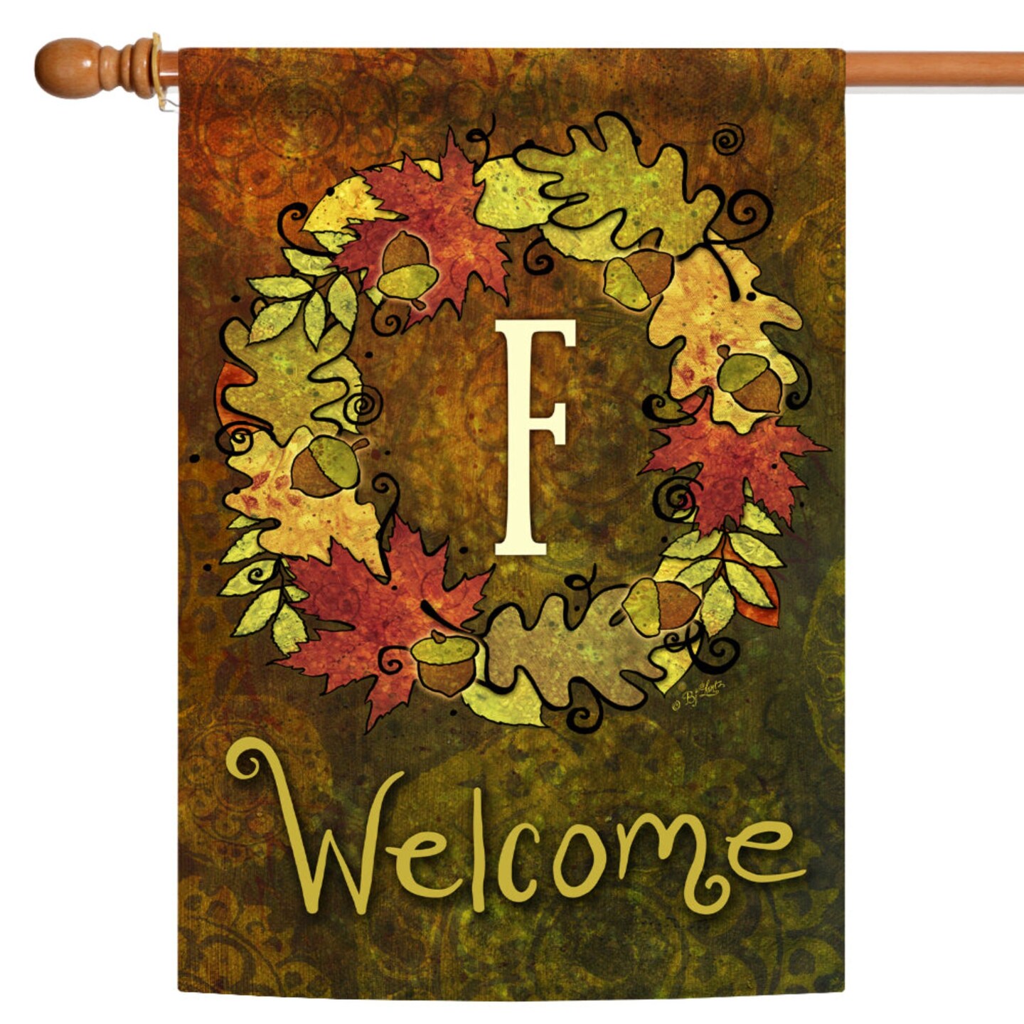 Toland Home Garden Green and Yellow Fall Wreath Monogram F Outdoor House Flag 28&#x22; x 40&#x22;