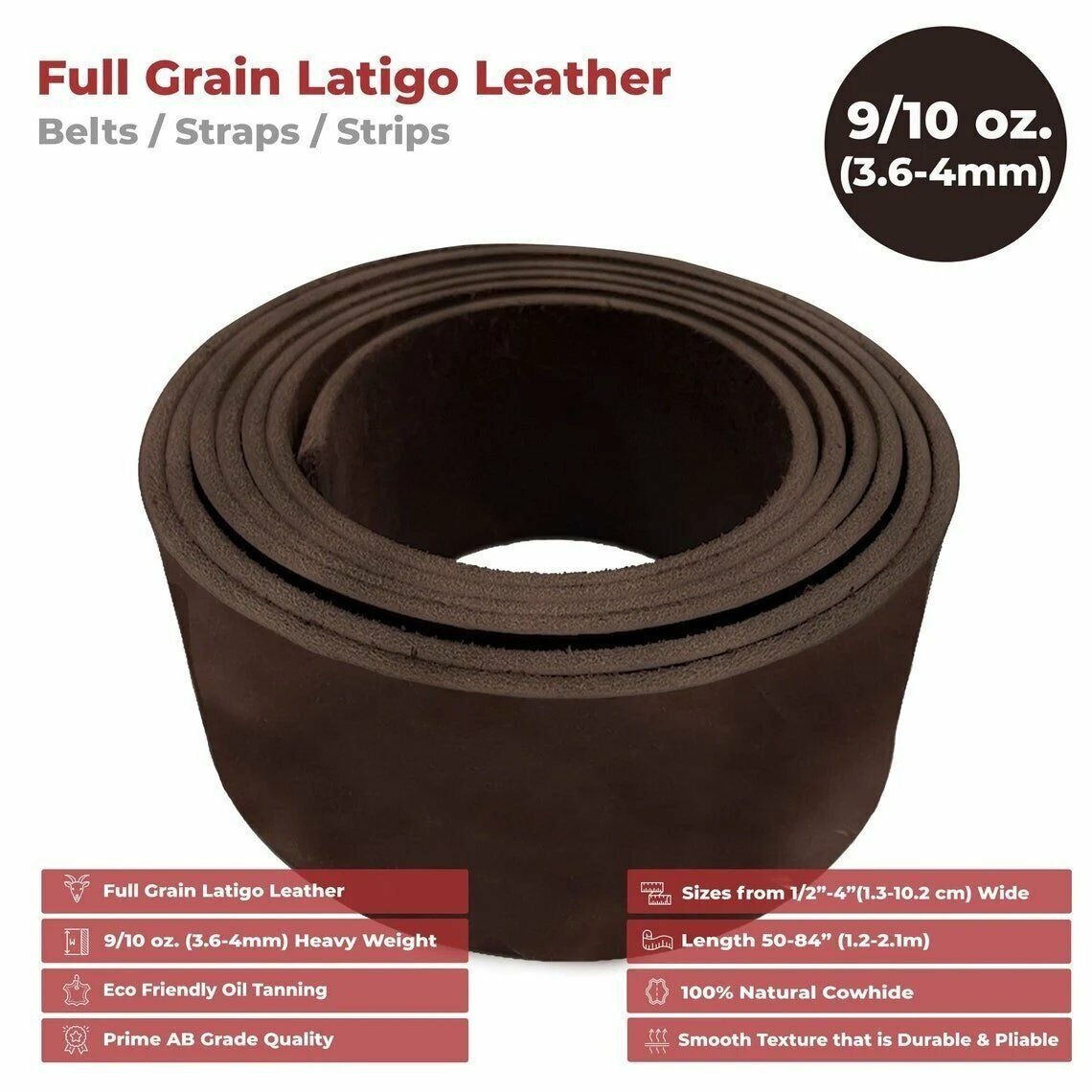 ELW 9-10 oz (3.6-4mm) Latigo Leather Straps Belt Grade 84&#x22; Cowhide Strips Heavy Duty Holsters, Sheathes, Harness, Saddle, Armor, Collars