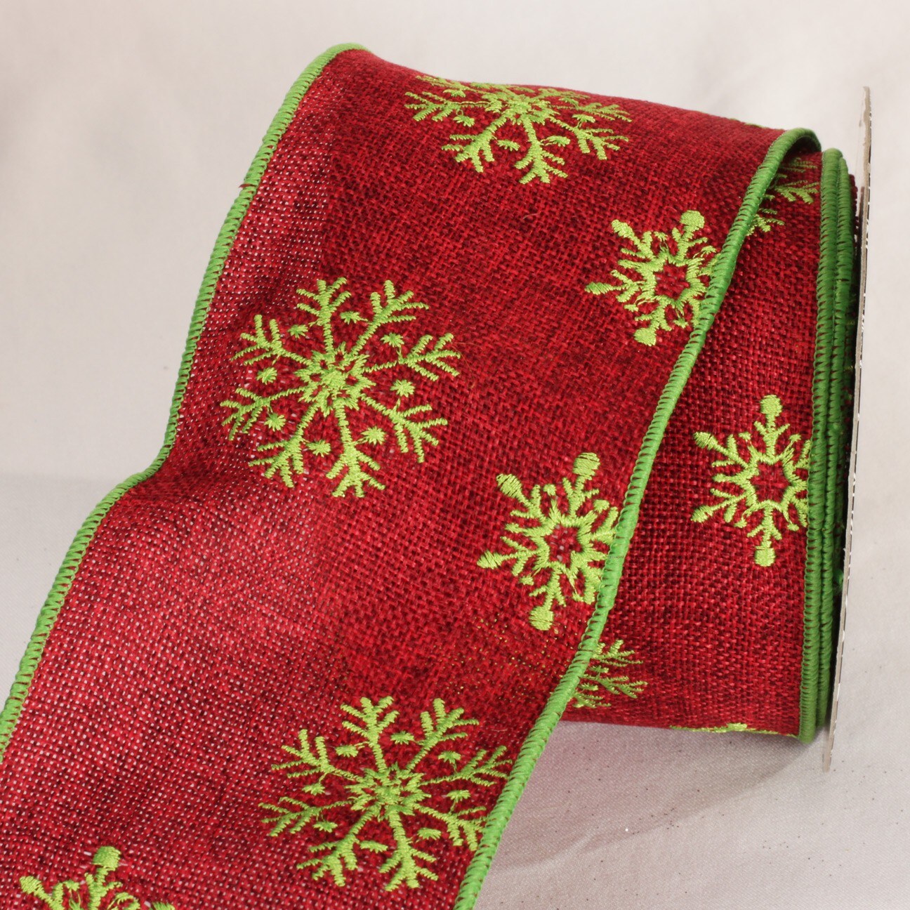 The Ribbon People Red and Green Burlap Snowflake Wired Craft Ribbon 4&#x22; x 10 Yards