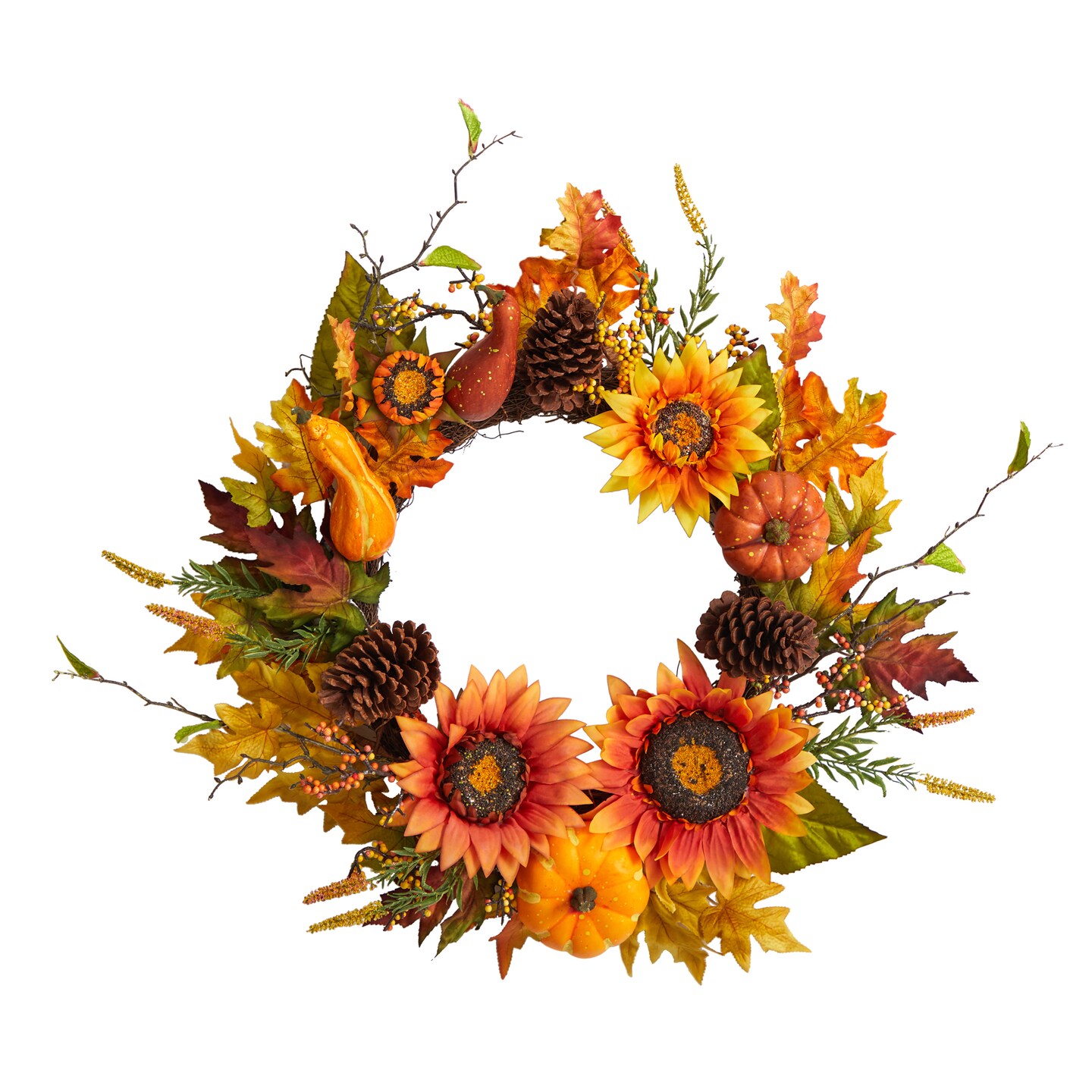 Nearly Natural Pumpkin and Sunflower Floral Artificial Fall Wreath, 24-Inch, Unlit