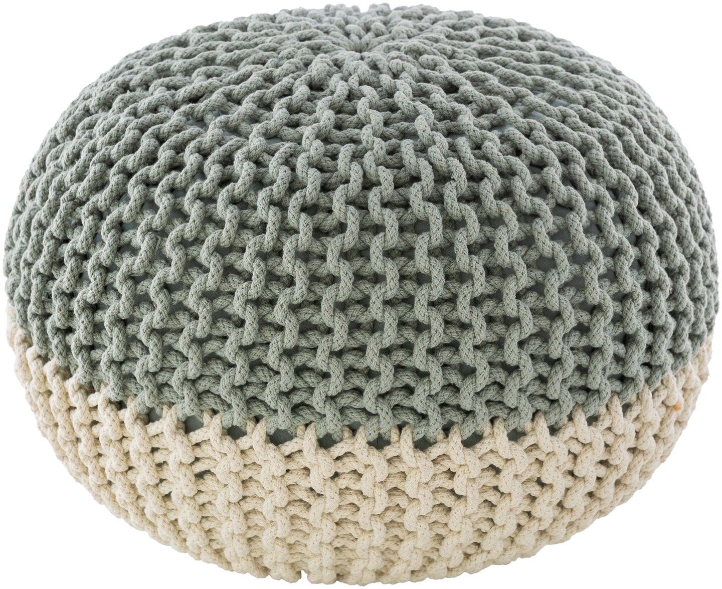 Tiwari Home 20&#x22; Ivory and Mint Green Knitted Pattern Spherical Pouf Ottoman
