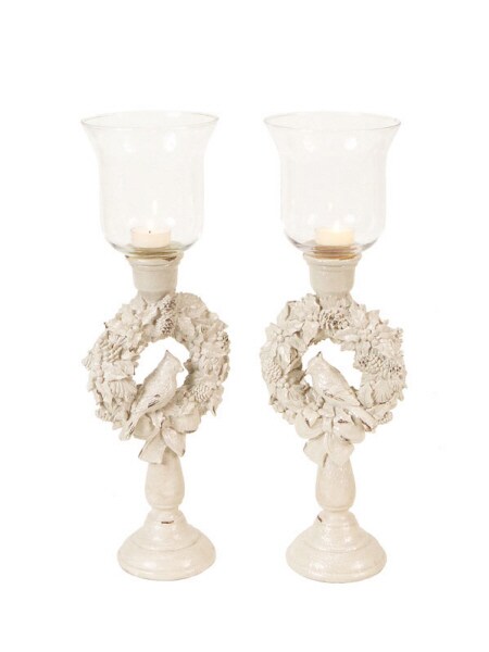 CC Christmas Decor Set of 2 Winter Solace Bird in a Christmas Wreath Glass Candle Holders 18&#x22;