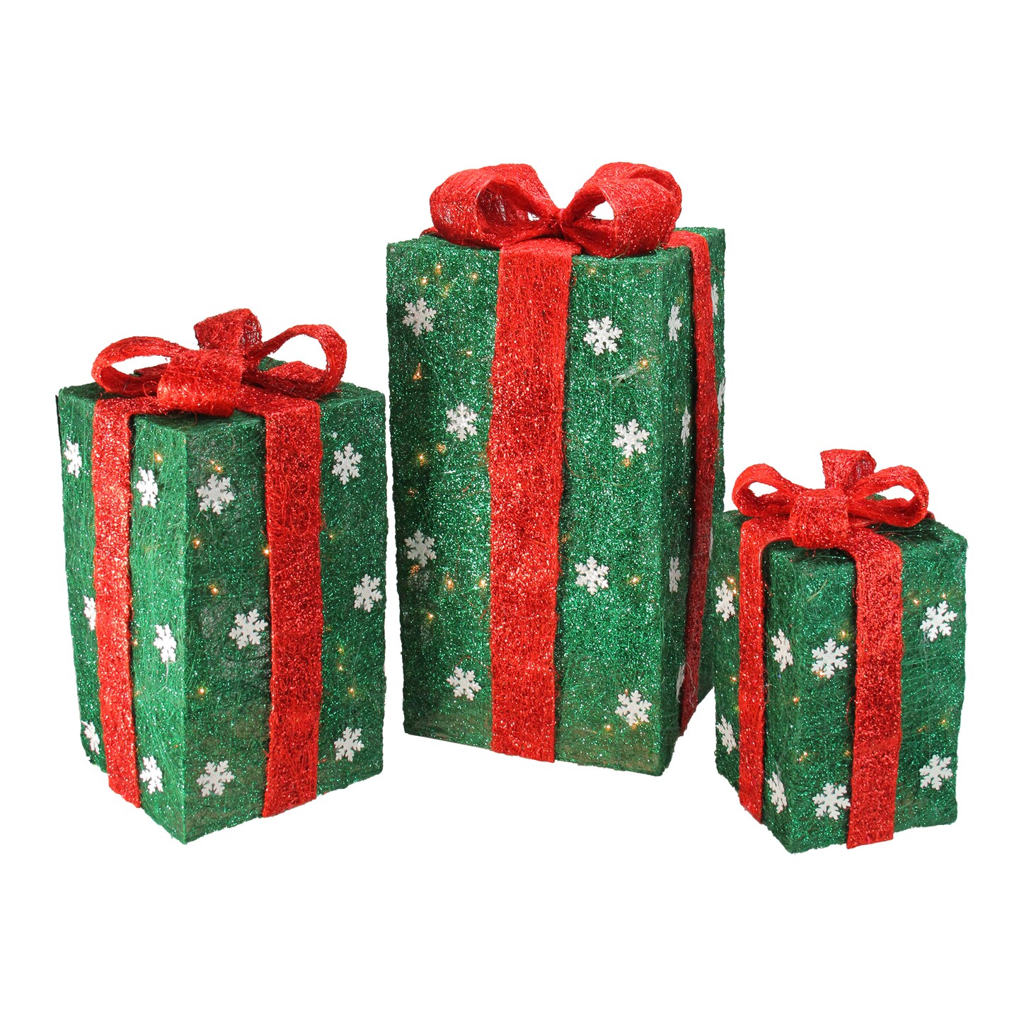 Northlight Set Of 3 Lighted Tall Green Gift Boxes With Red Bows
