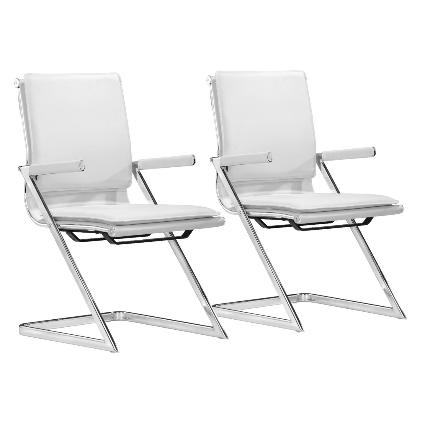 Modern Home Set of 2 White and Silver Z Shaped Upholstered Conference Chairs 35&#x22;