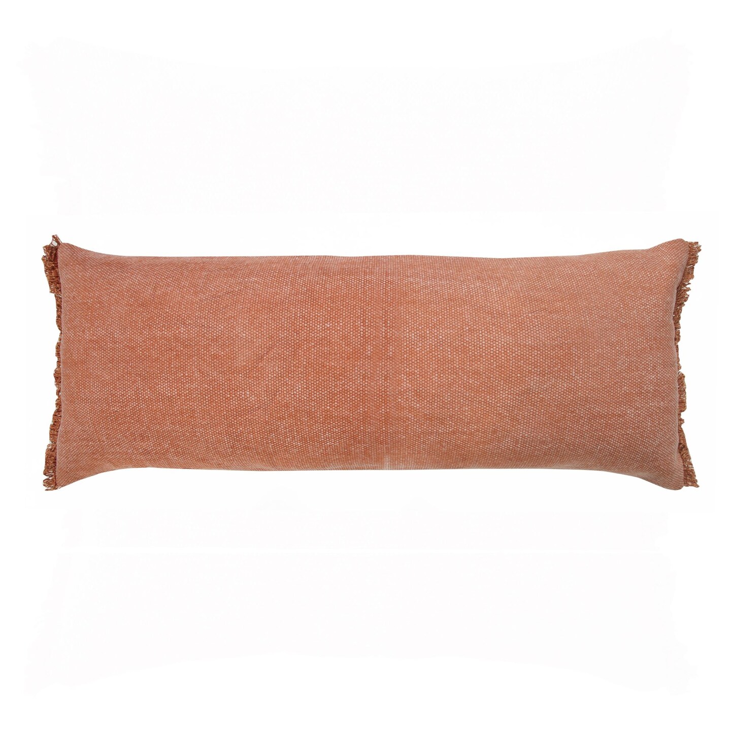 Laddha Home Designs 36" Brown and Orange Solid Stonewash Fringed Rectangular Lumbar Pillow