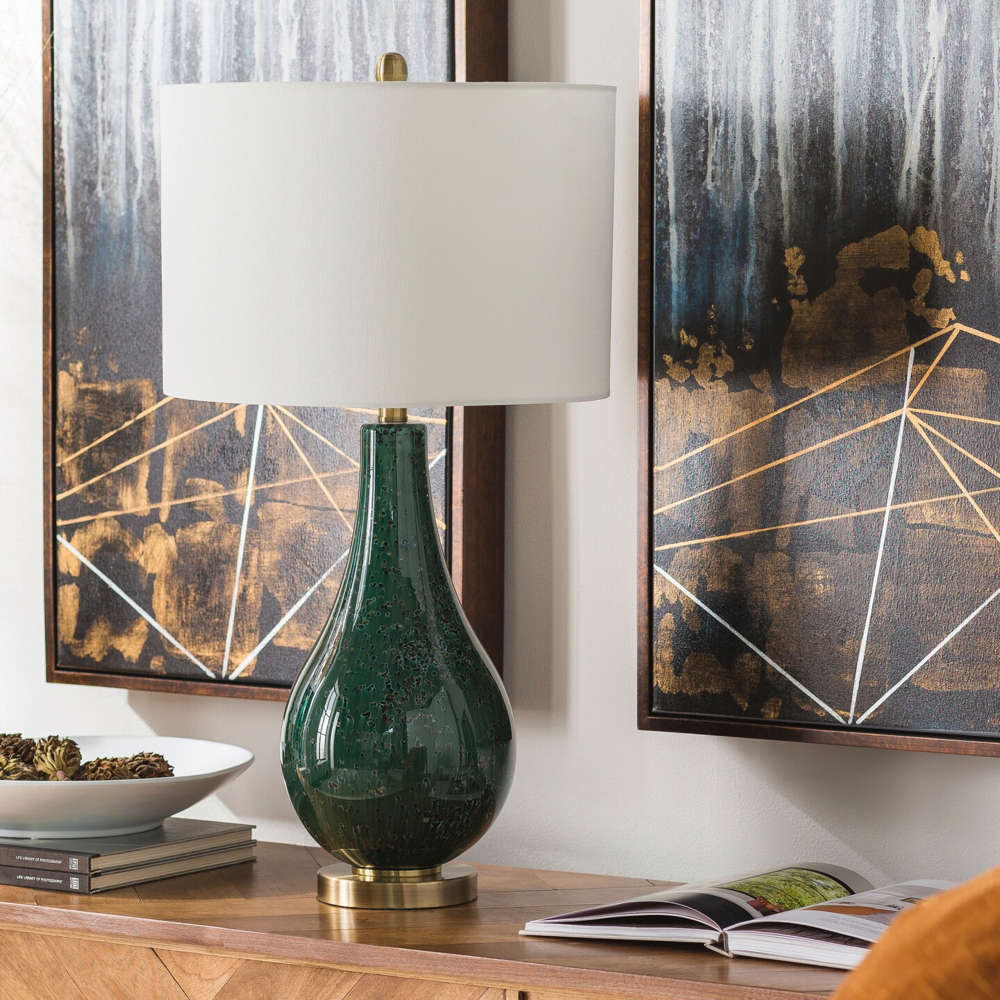 Tiwari Home 31&#x22; Blue Glass Table Lamp with White Modified Drum Shade