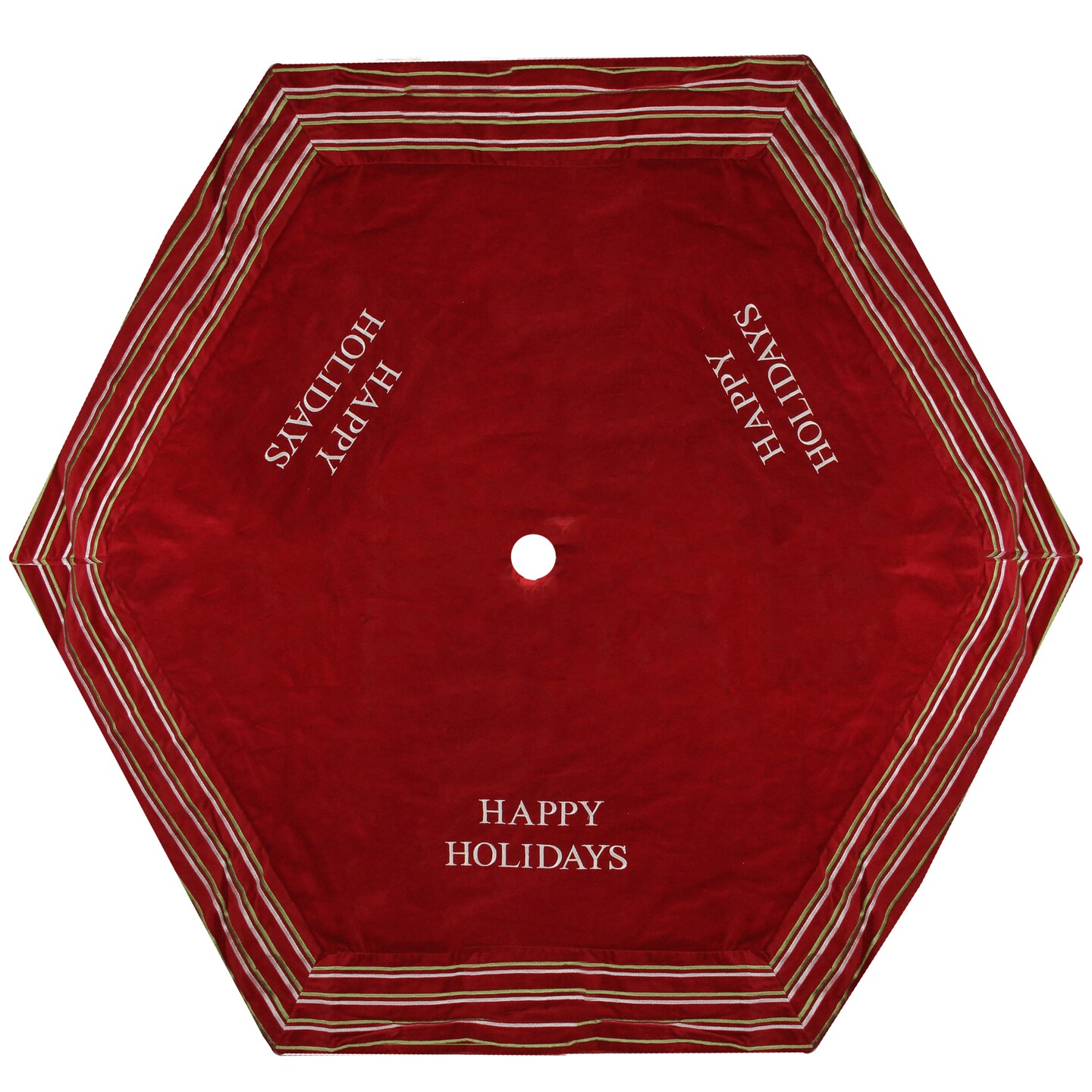 Season&#x27;s Designs 56&#x22; Red and White &#x27;Happy Holidays&#x27; Christmas Tree Skirt with Striped Trim