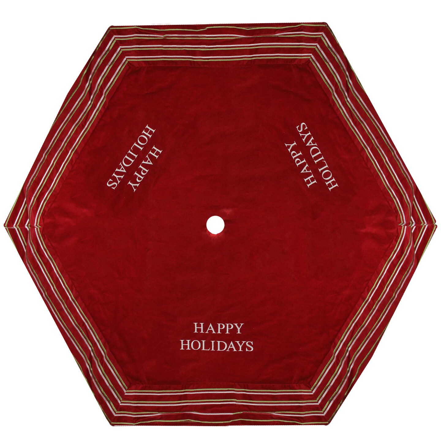 Season's Designs 56" Red and White 'Happy Holidays' Christmas Tree Skirt with Striped Trim