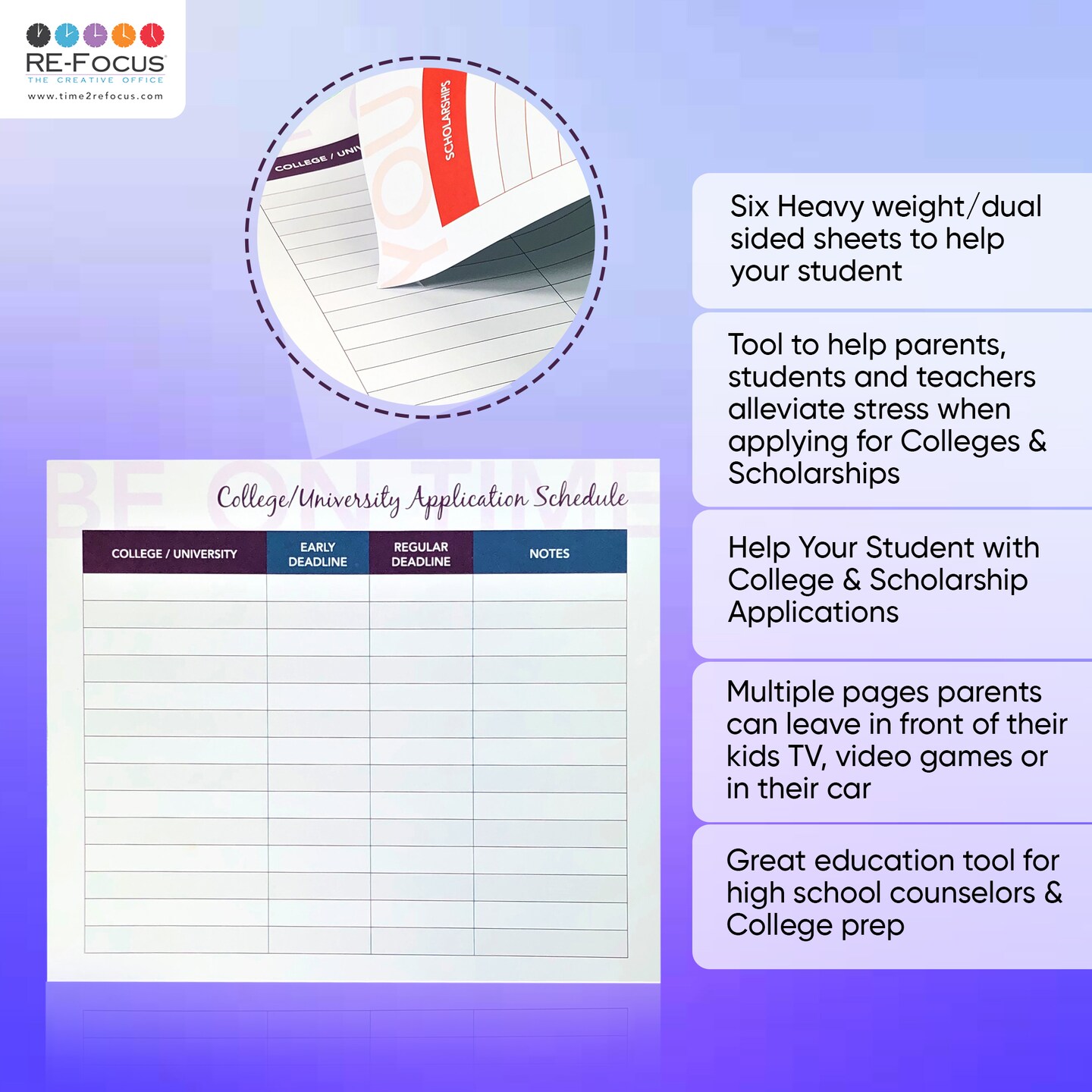 RE-FOCUS THE CREATIVE OFFICE College/University &#x26; Scholarship Application Tracker Sheet