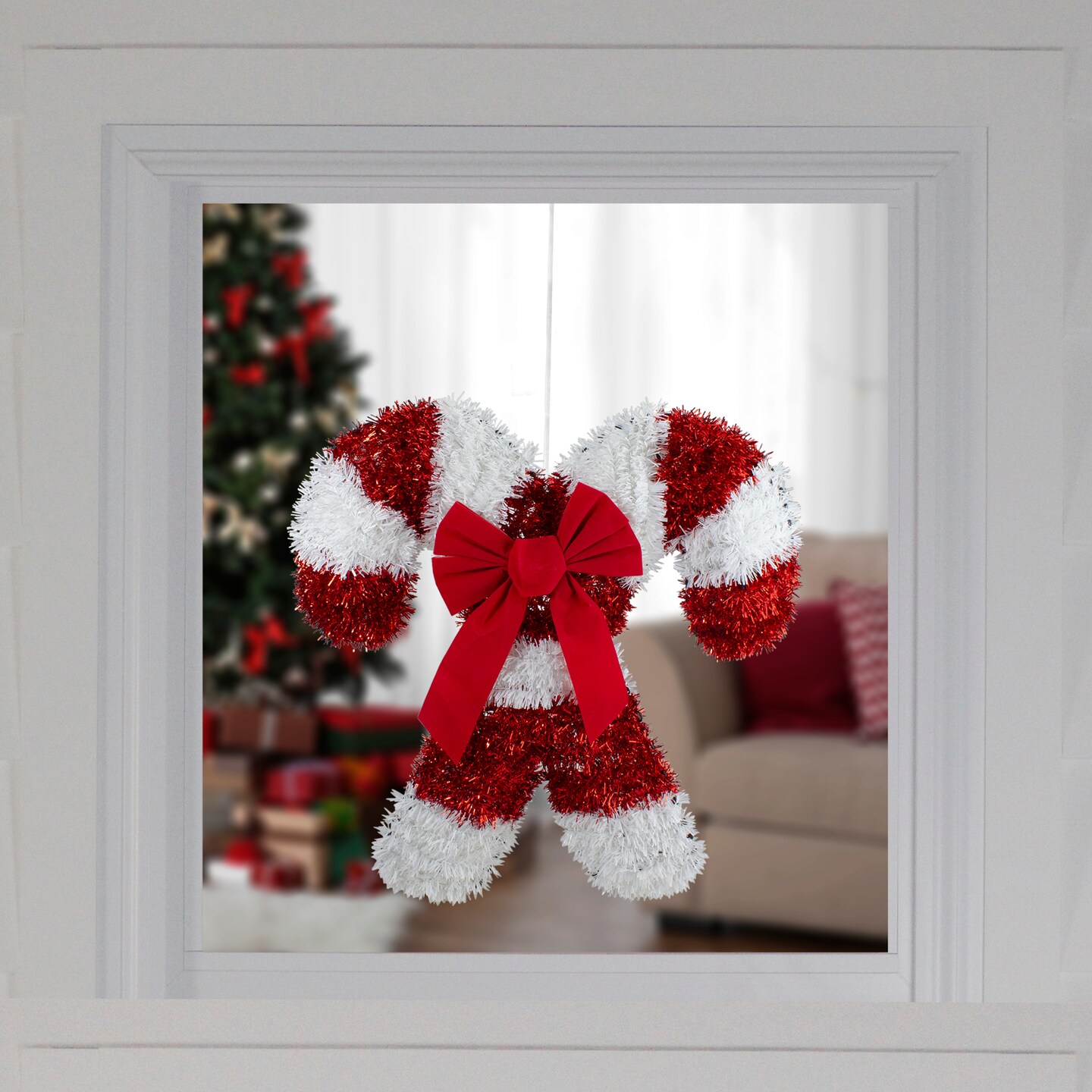 Northlight Tinsel Candy Cane Christmas Window Decoration - 19&#x22; - Red and White - Unlit