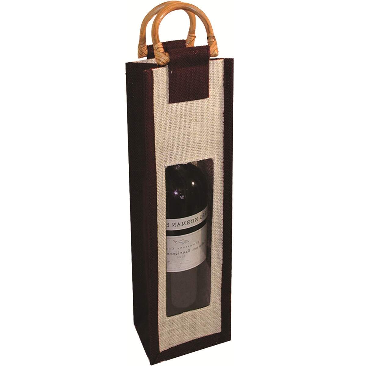 GC Home & Garden 14.25" J1 Black Classic Jute Wine Bottle Bag with Bamboo Handle