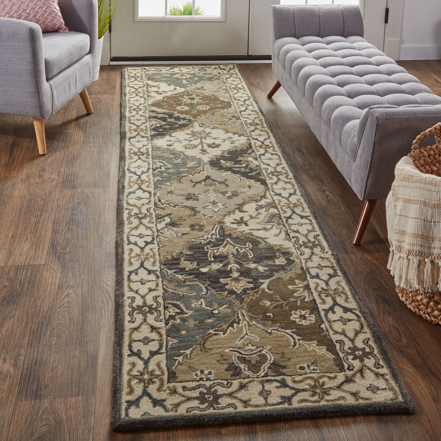 Feizy Home Collection 2.5&#x27; x 10&#x27; Blue and Gray Floral Persian Rectangular New Zealand Wool Rug Runner