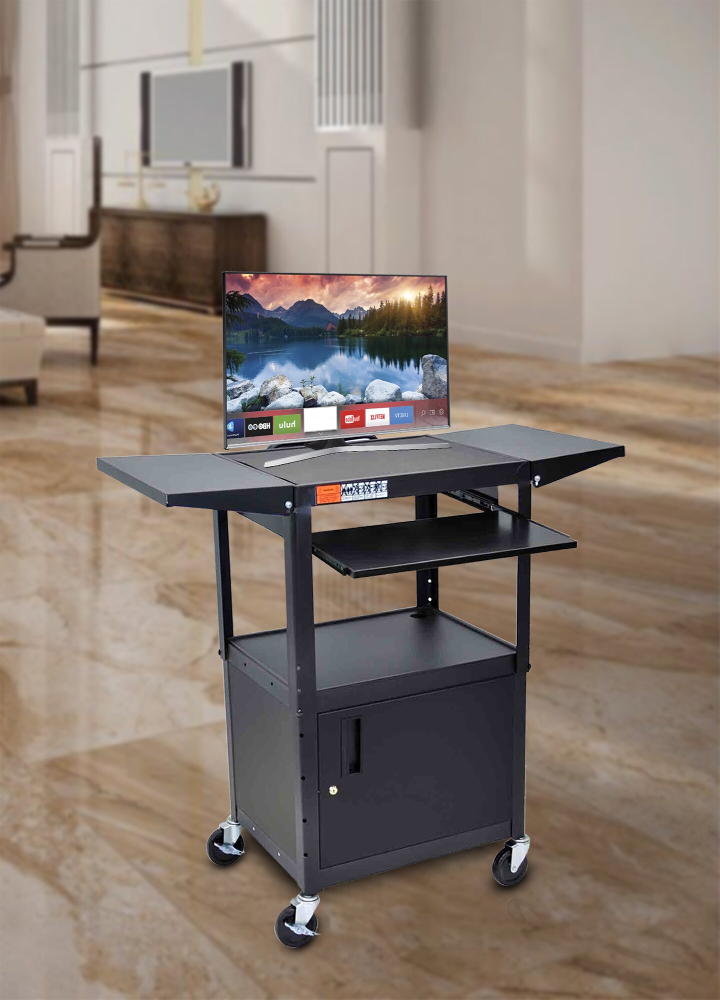 Luxor Office Multipurpose Height Adjustable Steel A/V Cart with Pullout, Cabinet, Drop Leaf