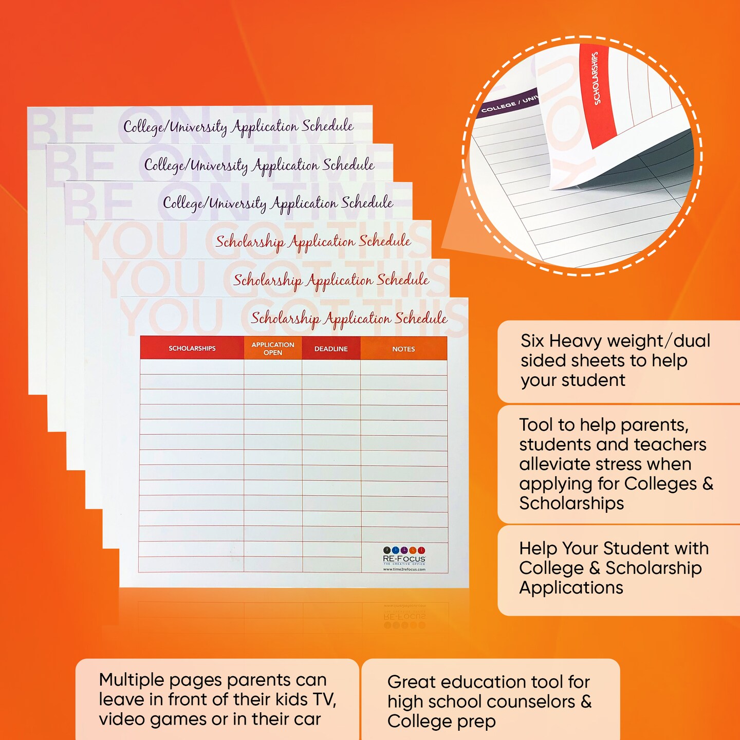 RE-FOCUS THE CREATIVE OFFICE College/University &#x26; Scholarship Application Tracker Sheet