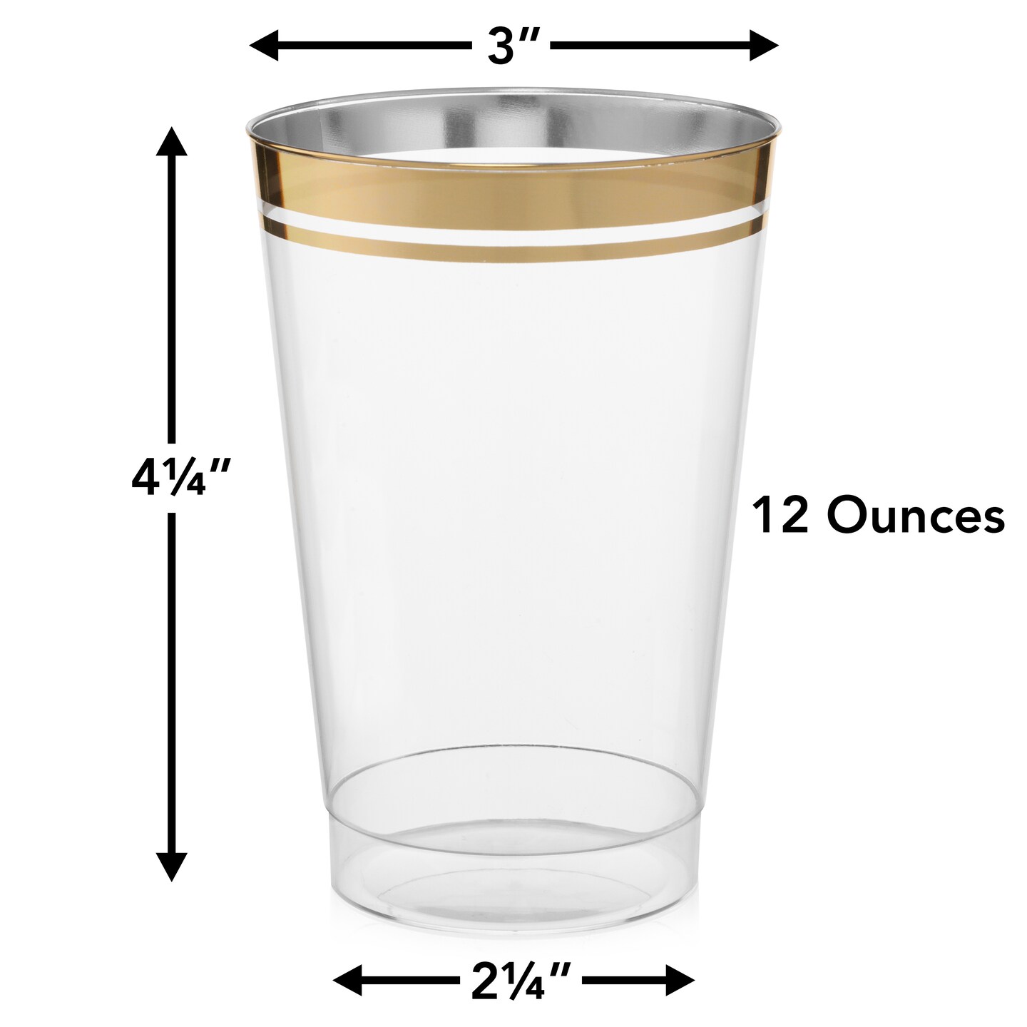 100 Pk 12 oz Clear Plastic Cups | Gold Rimmed Disposable Cups