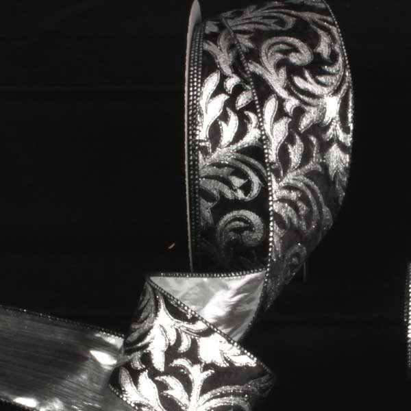 The Ribbon People Black and Silver Scroll Lame Back Wired Craft Ribbon 2.5&#x22; x 20 Yards