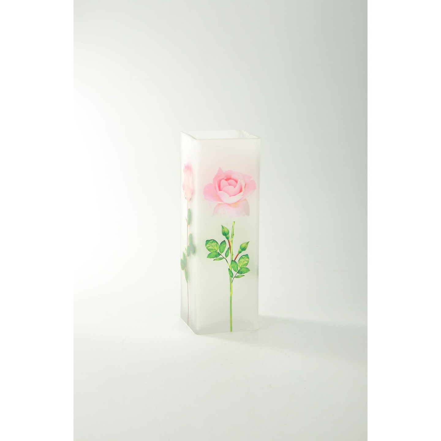 CC Home Furnishings 11&#x22; Garden Roses Printed Square Flower Hand Blown Glass Vase