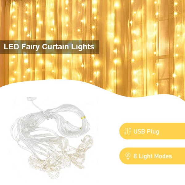 Perfect Holiday 300 LED USB Fairy Curtain Light With Remote - 8 Light Modes