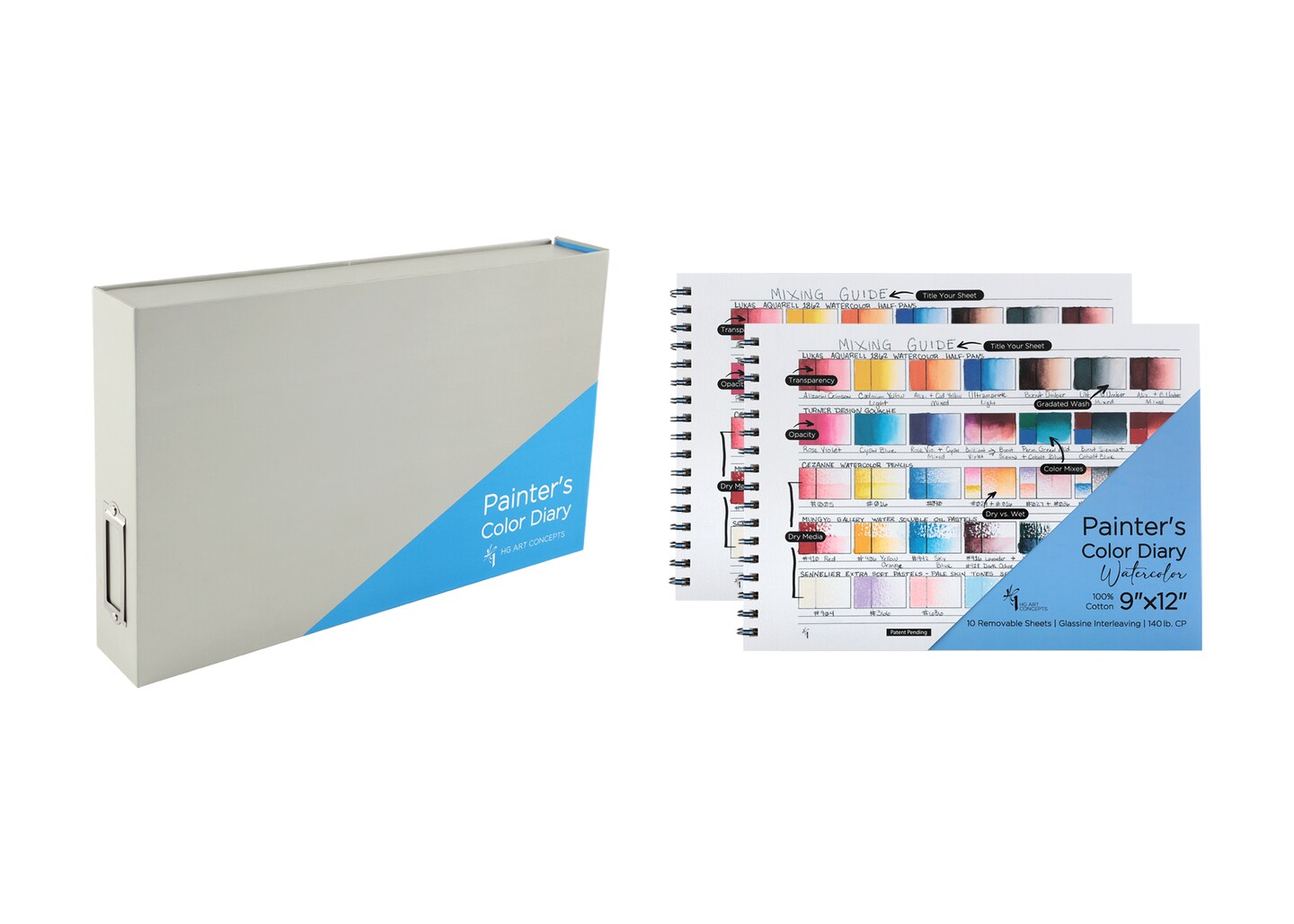 HG Art Concepts Painters Watercolor & Mixed Media Diary With Binder Case - 9x12" Spiral-Bound Acid-Free Color Swatch Book