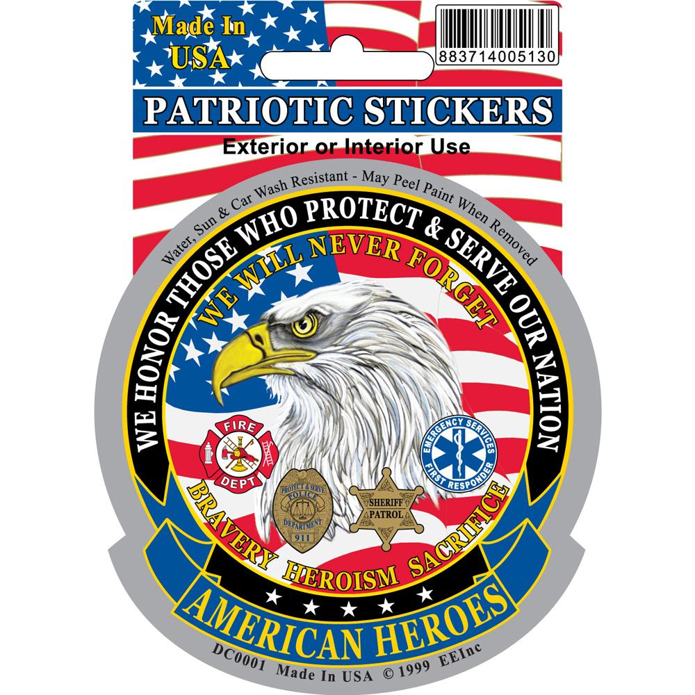 American Heroes Sticker Fire Department, Police, EMT American Flag 3 -1/2&#x22;