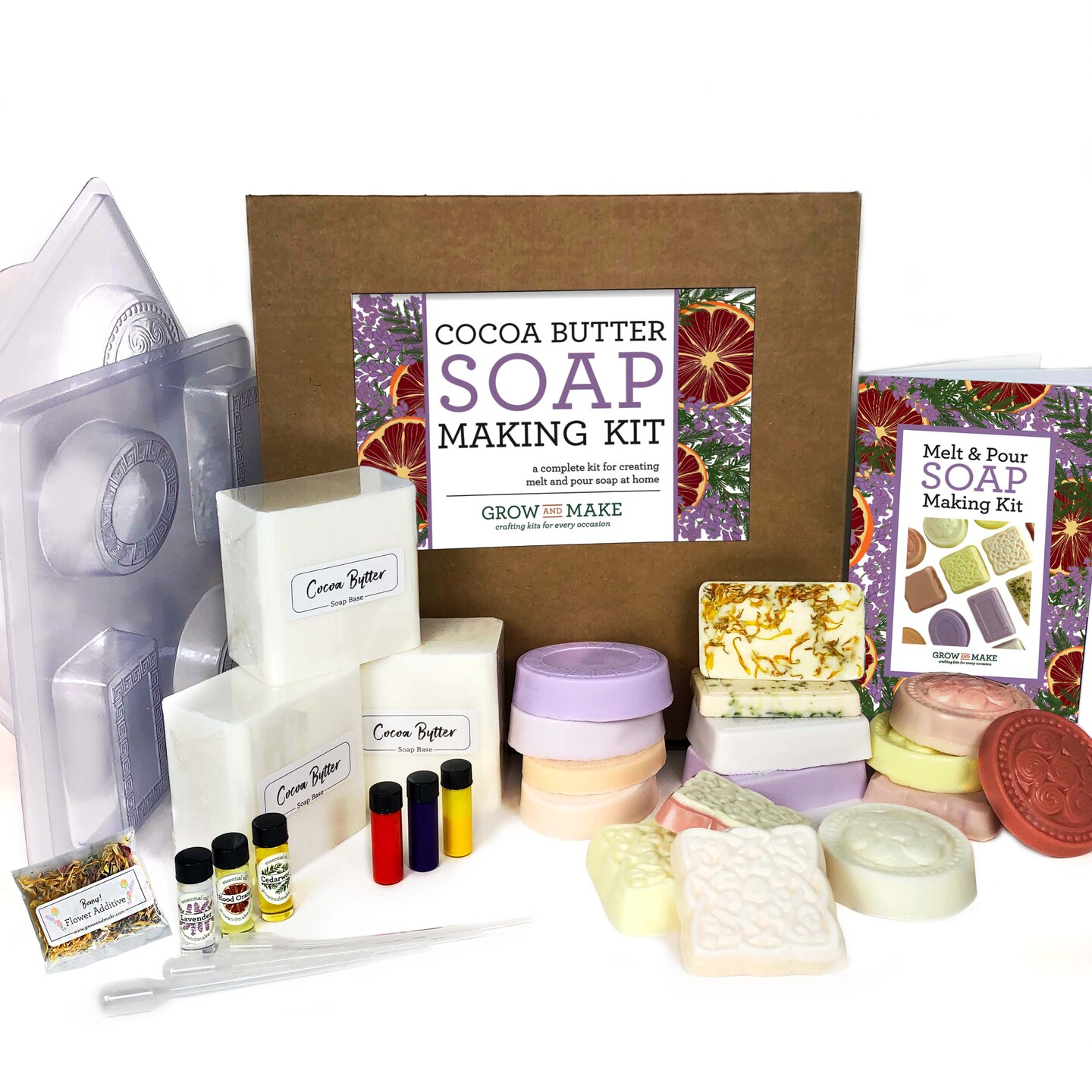 Soap Making DIY Kit - Luxurious Cocoa Butter Bars with dried flowers and  soap dyes