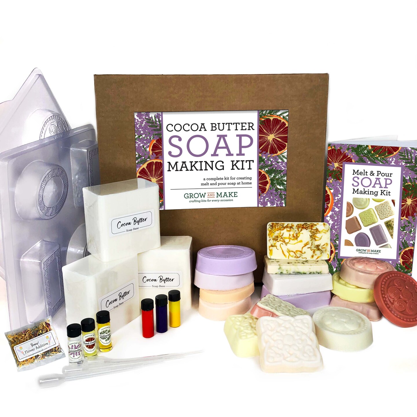 Soap Making DIY Kit - Luxurious Cocoa Butter Bars with dried flowers and soap dyes