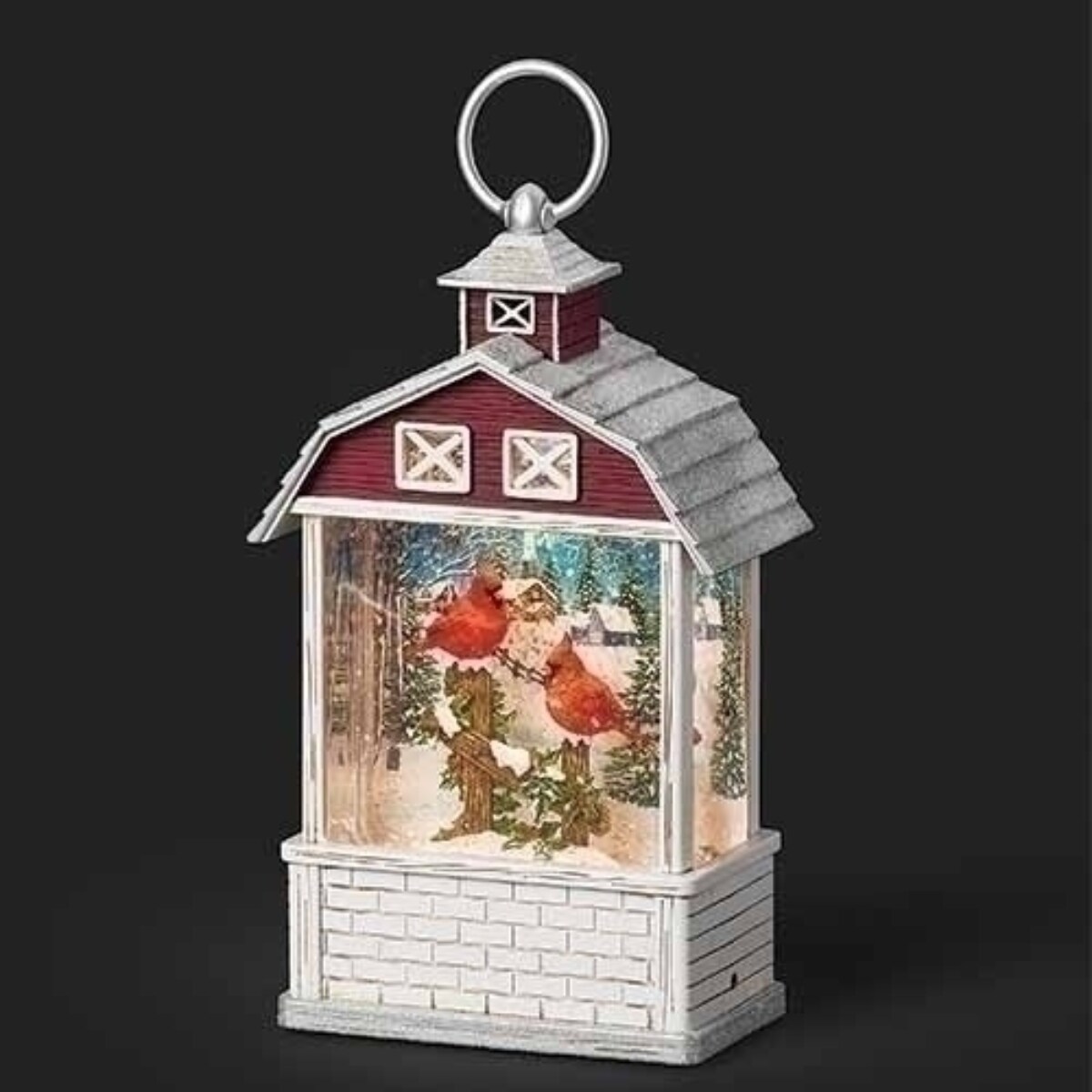 Roman 9.75" LED Lighted Cardinal in Barn Christmas Snow Globe Lantern