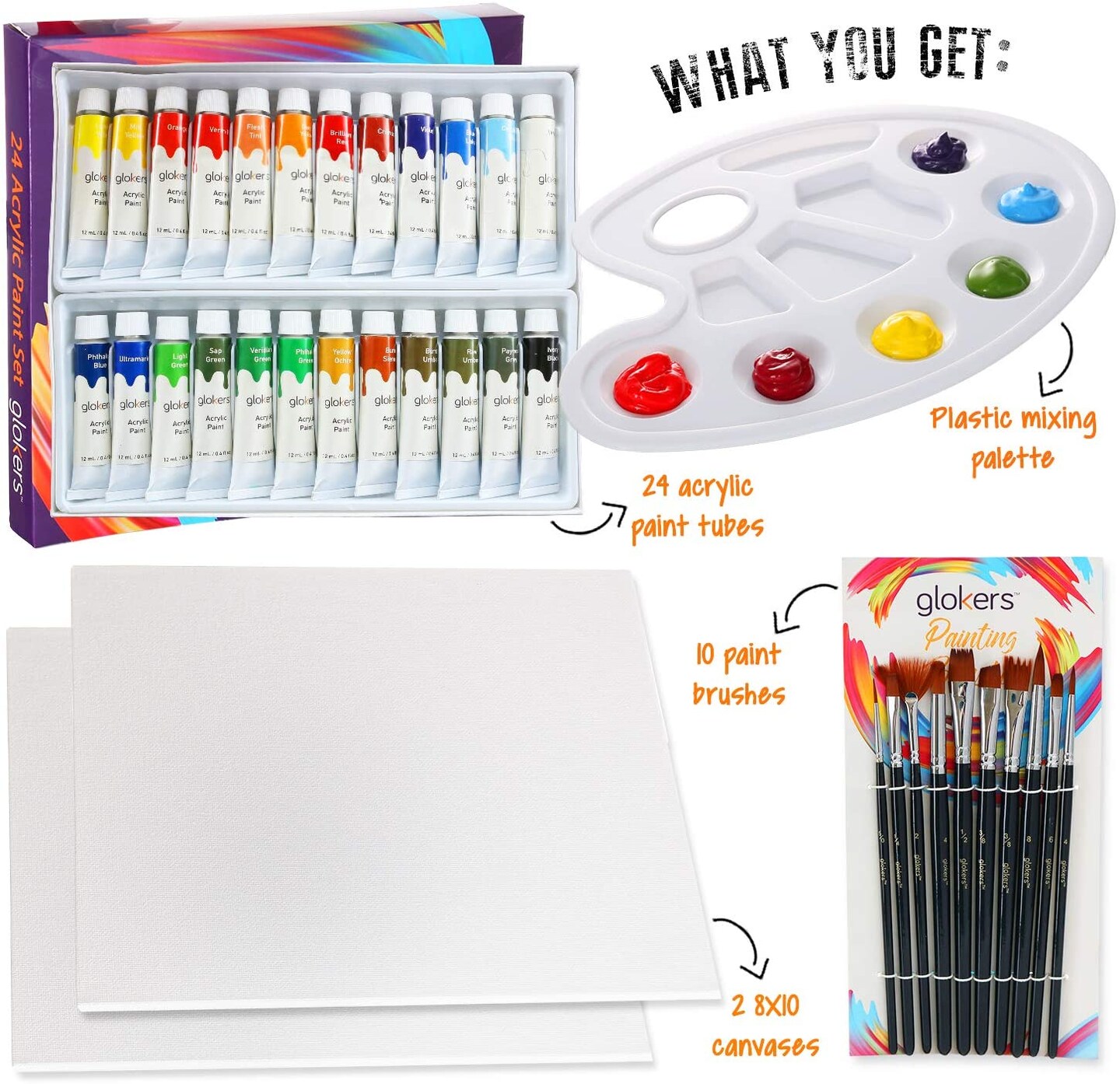 Premium Acrylic Paint Set - 24 Acrylic Paint Color Tubes, 10 Professional Paintbrushes, 2 Blank Canvas Panels, Plastic Palette, by Glokers