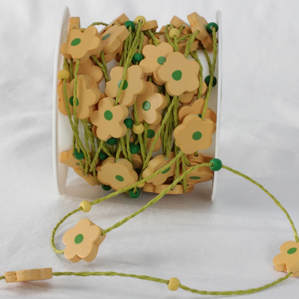 The Ribbon People Yellow and Green Wooden Flower Garland Craft Ribbon 0.8" x 11 Yards
