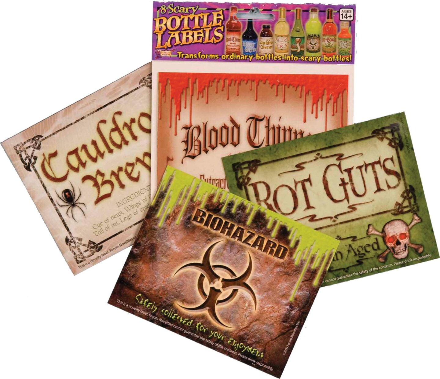 The Costume Center Pack of 8 Brown and Green Scary Halloween Bottle Labels