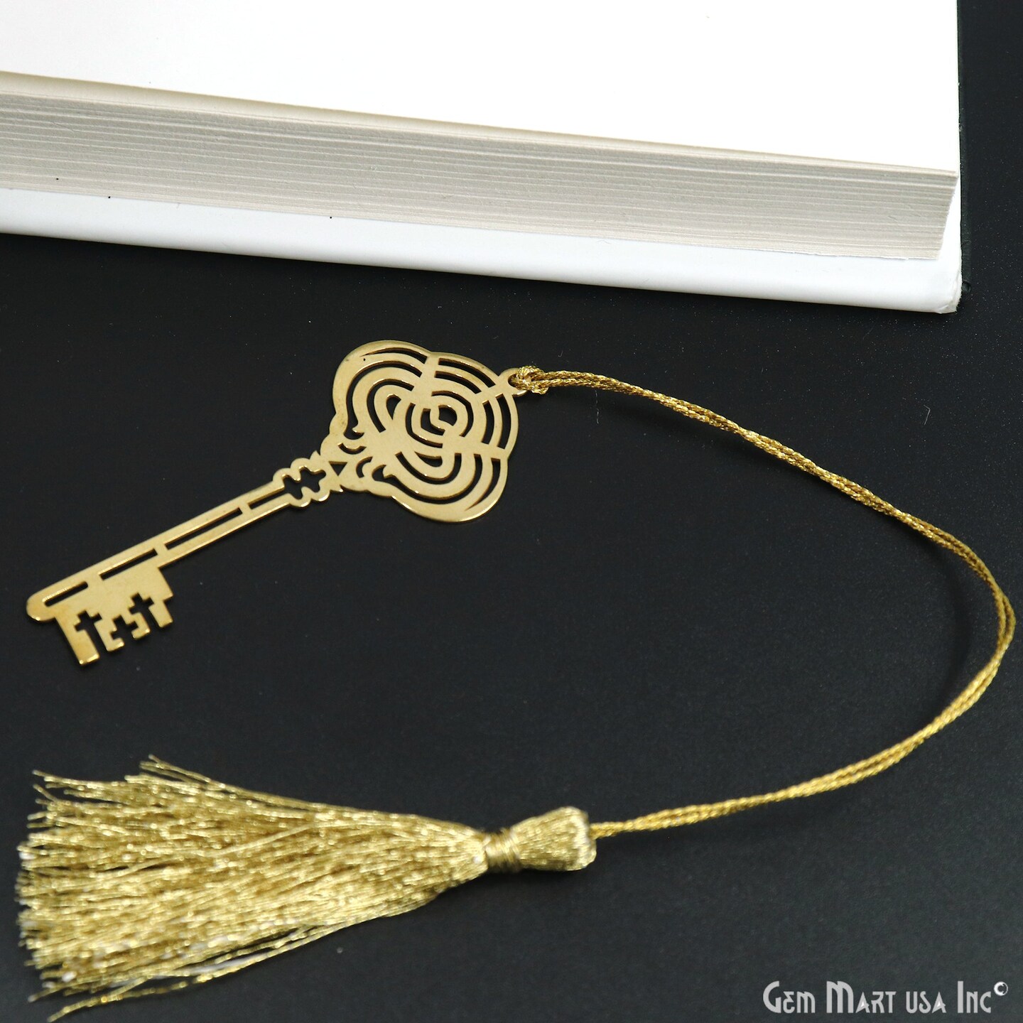 Metal Key Bookmark, Gold Plated Brass Bookmark, Bookmark with Tassel, Handcrafted, 1 pc, 71x29mm , GemMartUSA (BOOK-57002)