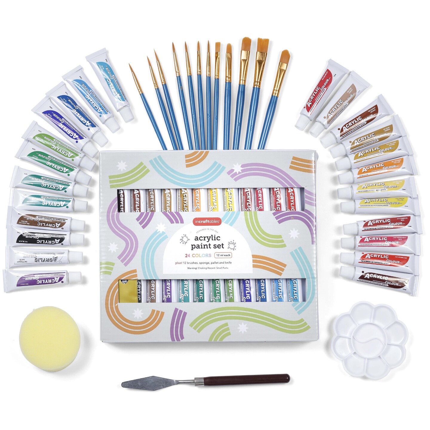 Incraftables Acrylic Paint Set for Adults &#x26; Kids. 24 Colors Acrylic Paints for Canvas Painting with 12 Brushes, Sponge, Pallet &#x26; Craft Knife. Non-Toxic Art Paint Set for Ceramic, Wood, Fabric &#x26; Paper