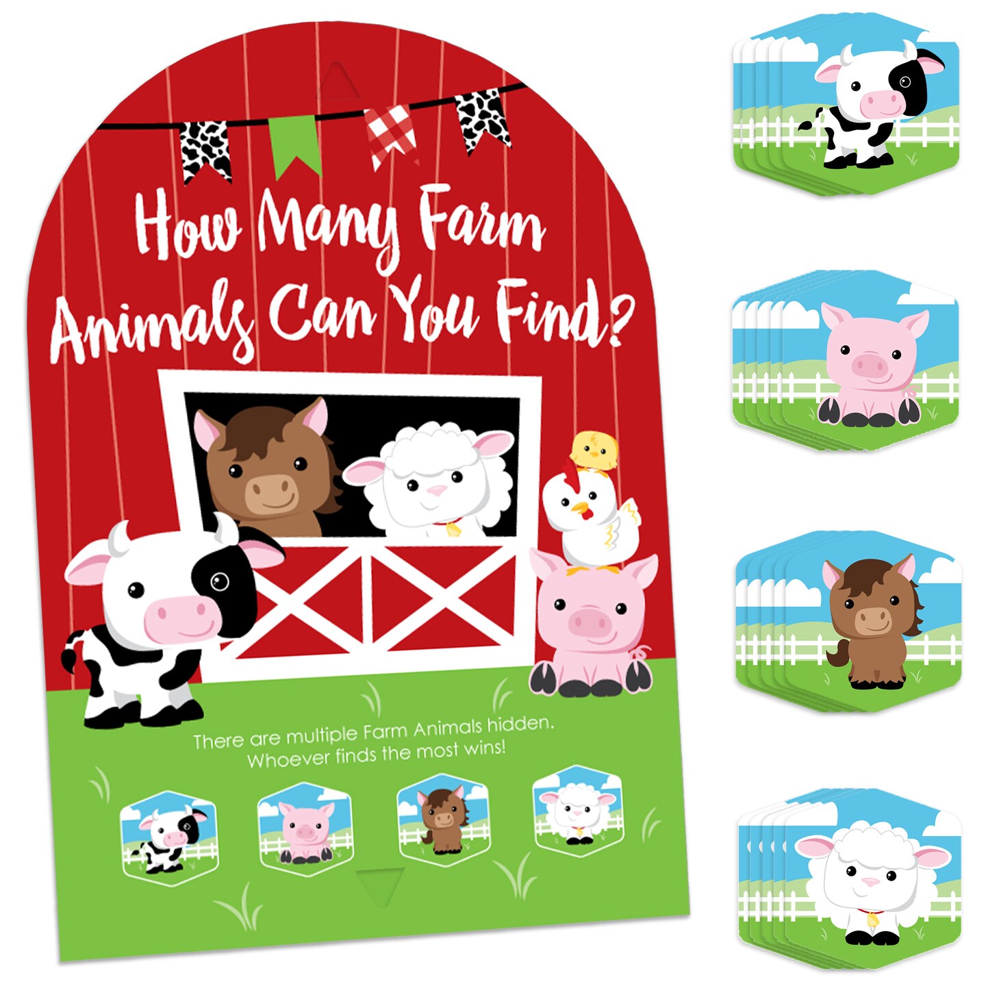 Big Dot of Happiness Farm Animals - Barnyard Baby Shower or Birthday Party Scavenger Hunt - 1 Stand and 48 Game Pieces - Hide and Find Game