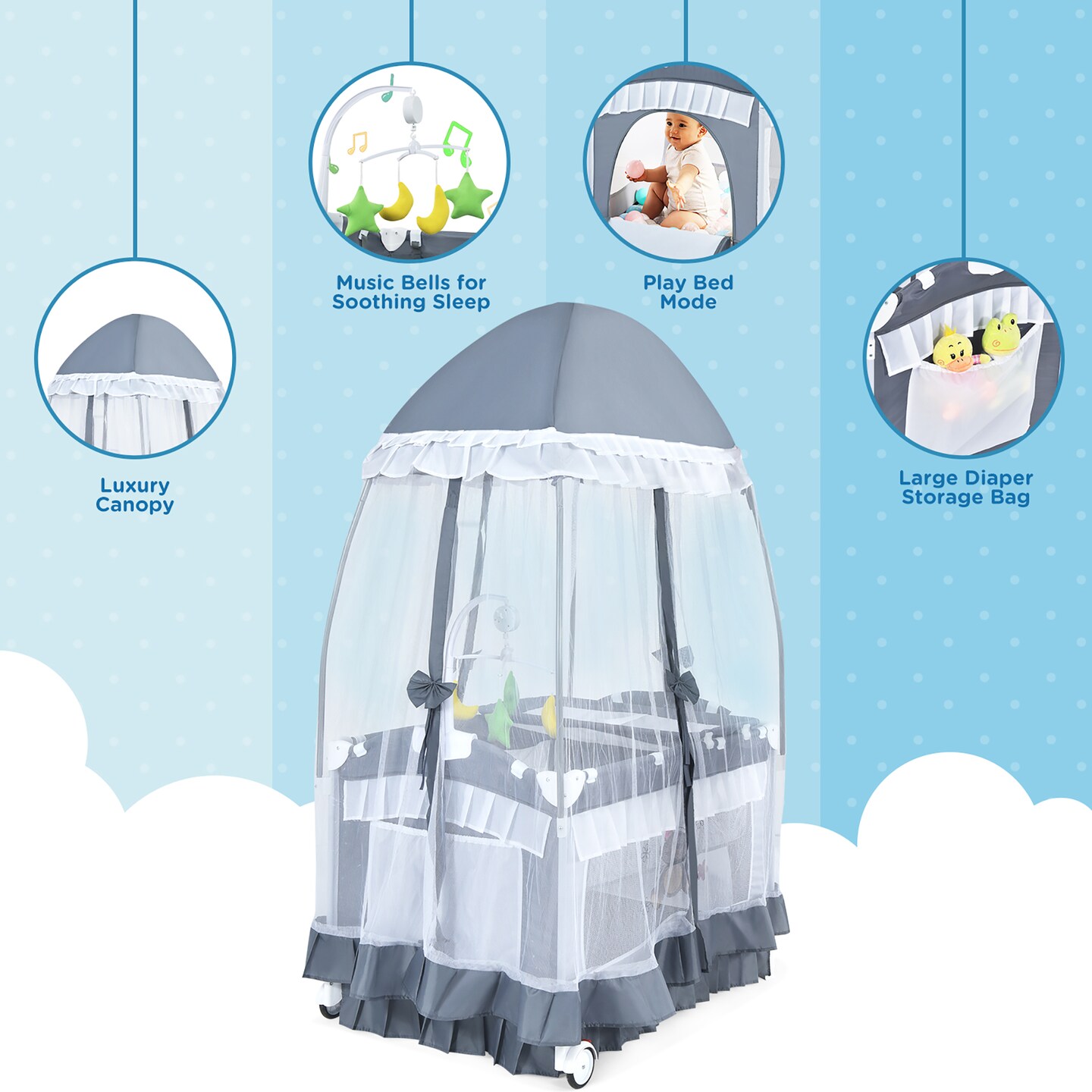 Costway Baby Playard Crib Bed 4 in 1 Portable with Changing Table Canopy Music Box Grey