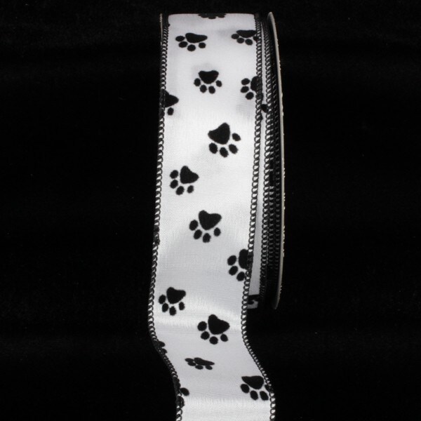 The Ribbon People White and Black Paw Wire Edged Craft Ribbon 1.5&#x22; x 40 Yards