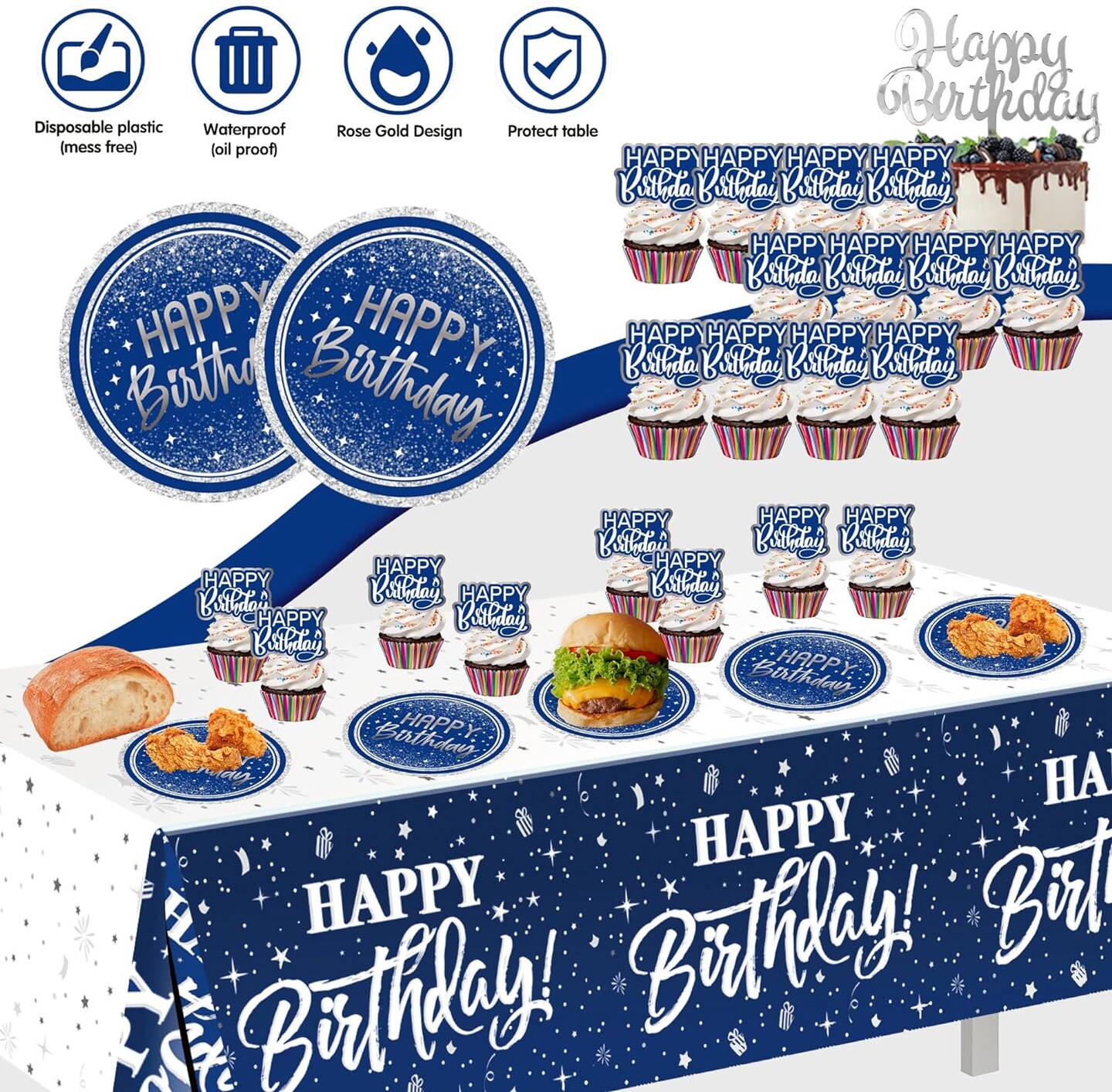 Birthday Decorations Men Blue - (Total 89pcs) blue party Banner, Pennant, Hanging Swirl, Foil Backdrops, balloons, Tablecloths, cupcake Topper, plates, Photo Props, birthday Sash for women boy