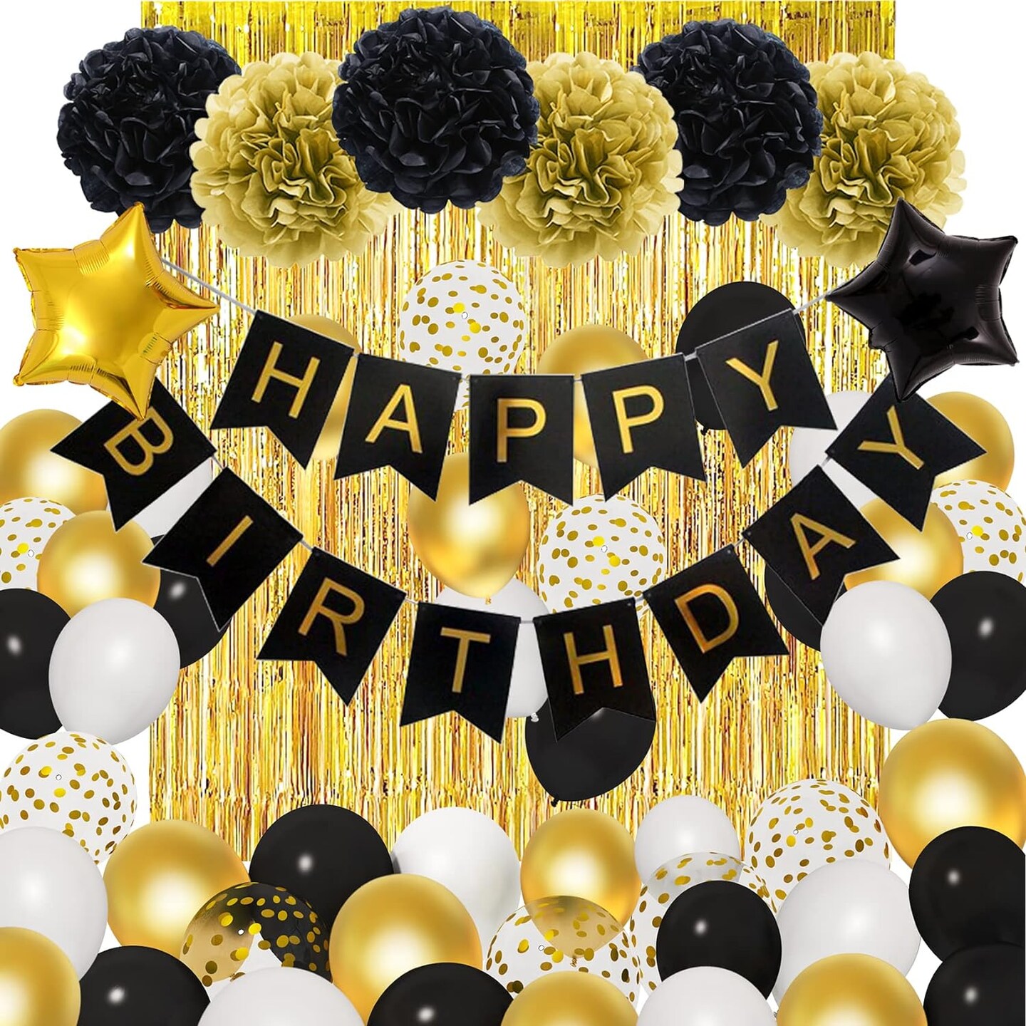 Black Gold Birthday Decorations for Men Women,Black Gold White Foil Confetti Balloons Happy Birthday Banner Pom Poms Metallic Fringe Curtains 18th 30th 40th 50th Graduation Party Supplies
