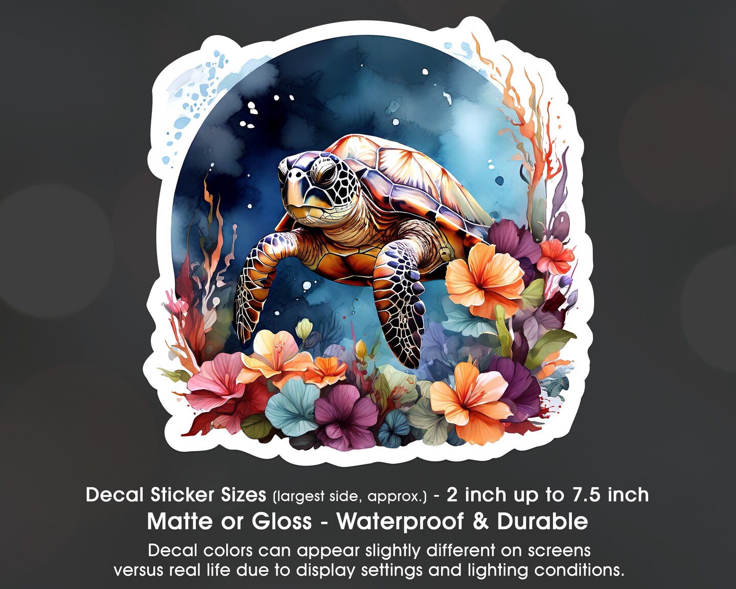 Sea Turtle Flowers Underwater, Vinyl Decal Sticker In Multiple Sizes ...
