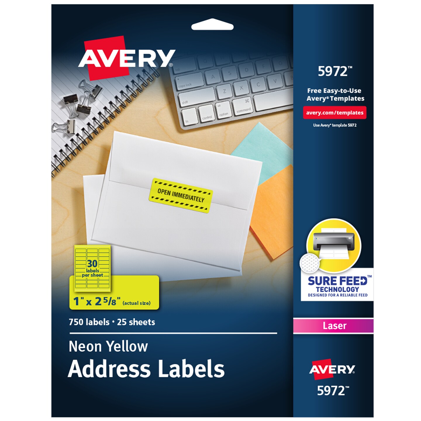 Avery Neon Address Labels with Sure Feed for Laser Printers, 1&#x22; x 2 5/8&#x22;, 750 Yellow Labels (5972)