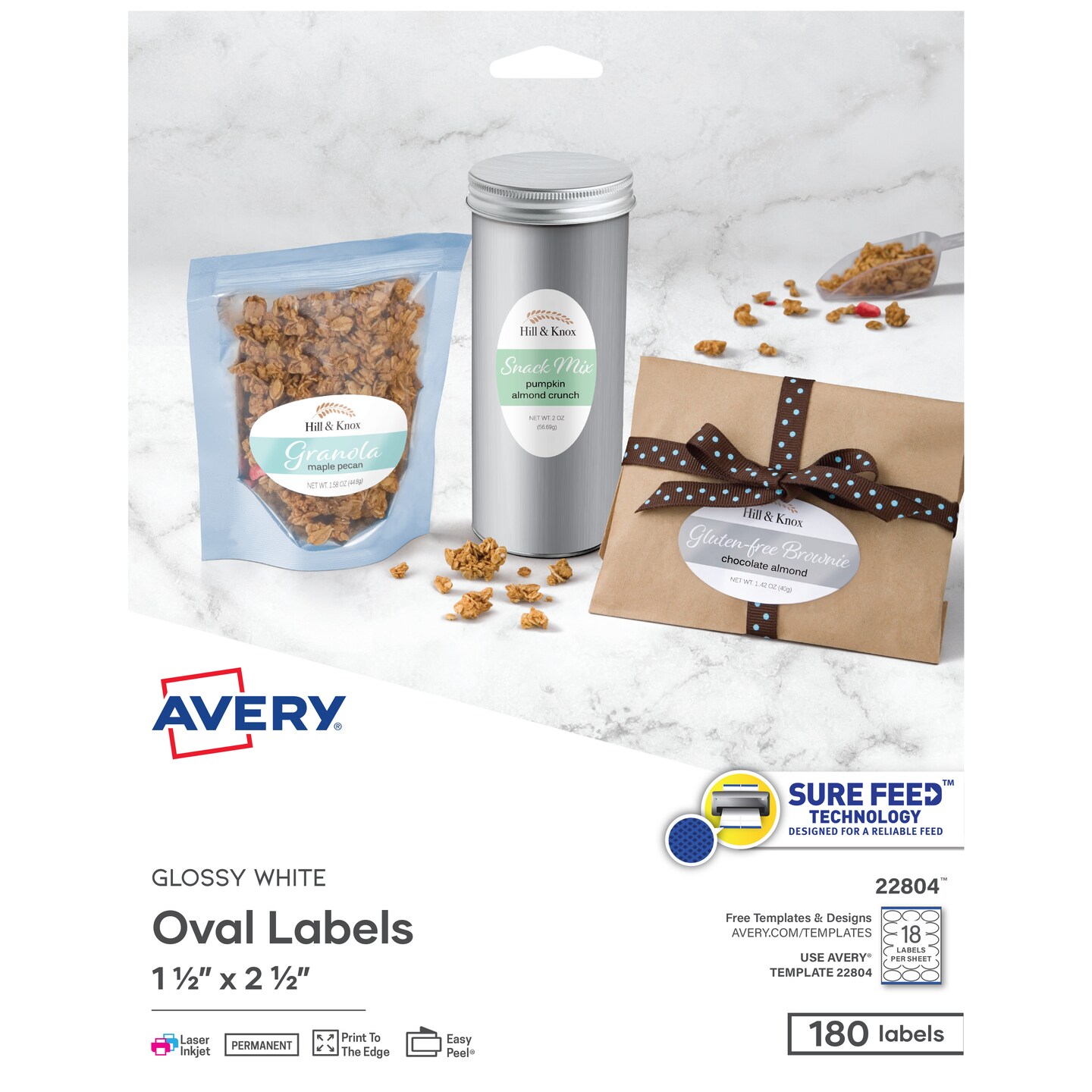 Avery Printable Blank Oval Labels, 1.5&#x22; x 2.5&#x22;, Glossy White, 180 Customizable Labels (22804)