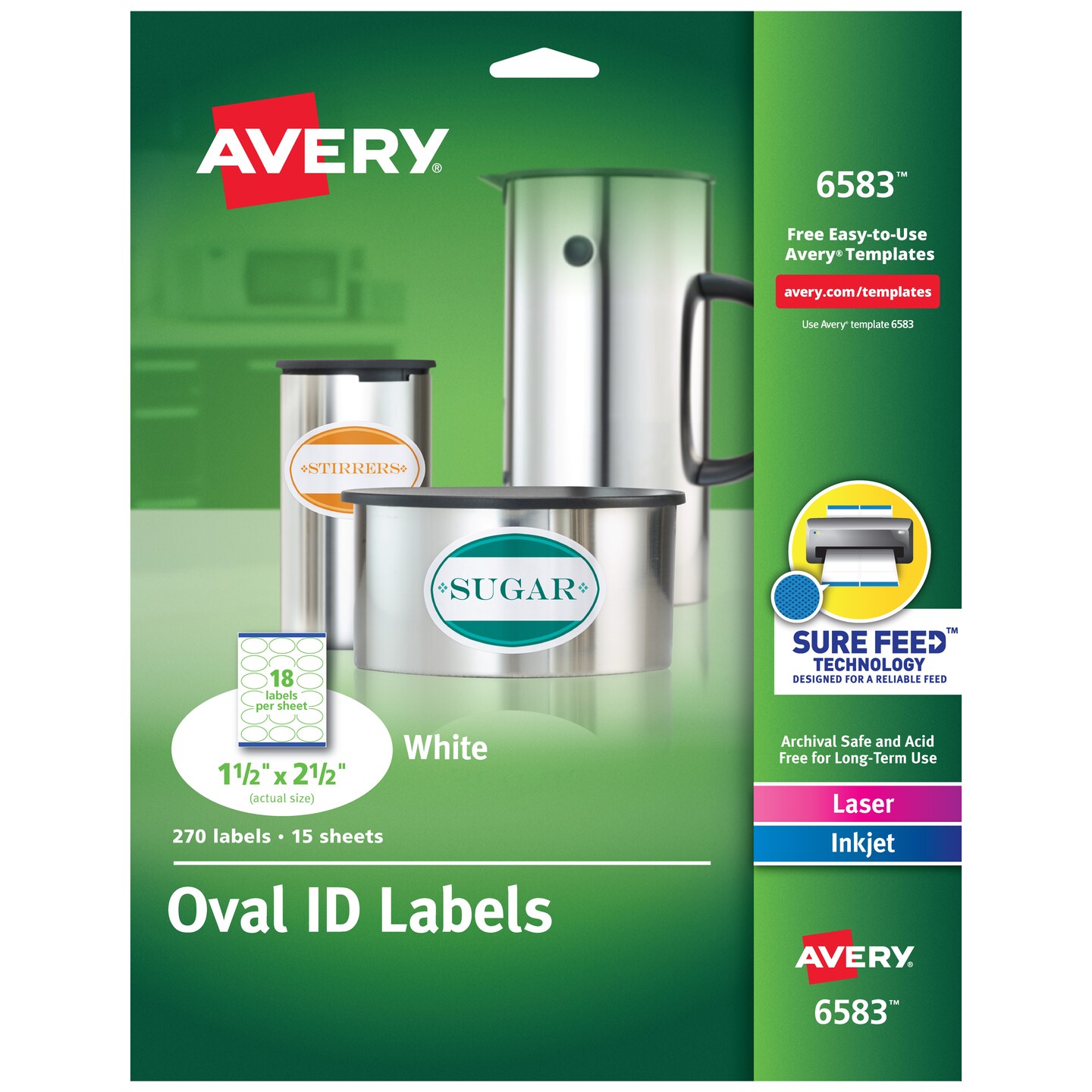 Avery Easy Peel Oval ID Labels, Sure Feed Technology, Print to the Edge, Permanent Adhesive, 1-1/2&#x22; x 2-1/2&#x22;, 270 Labels (6583)