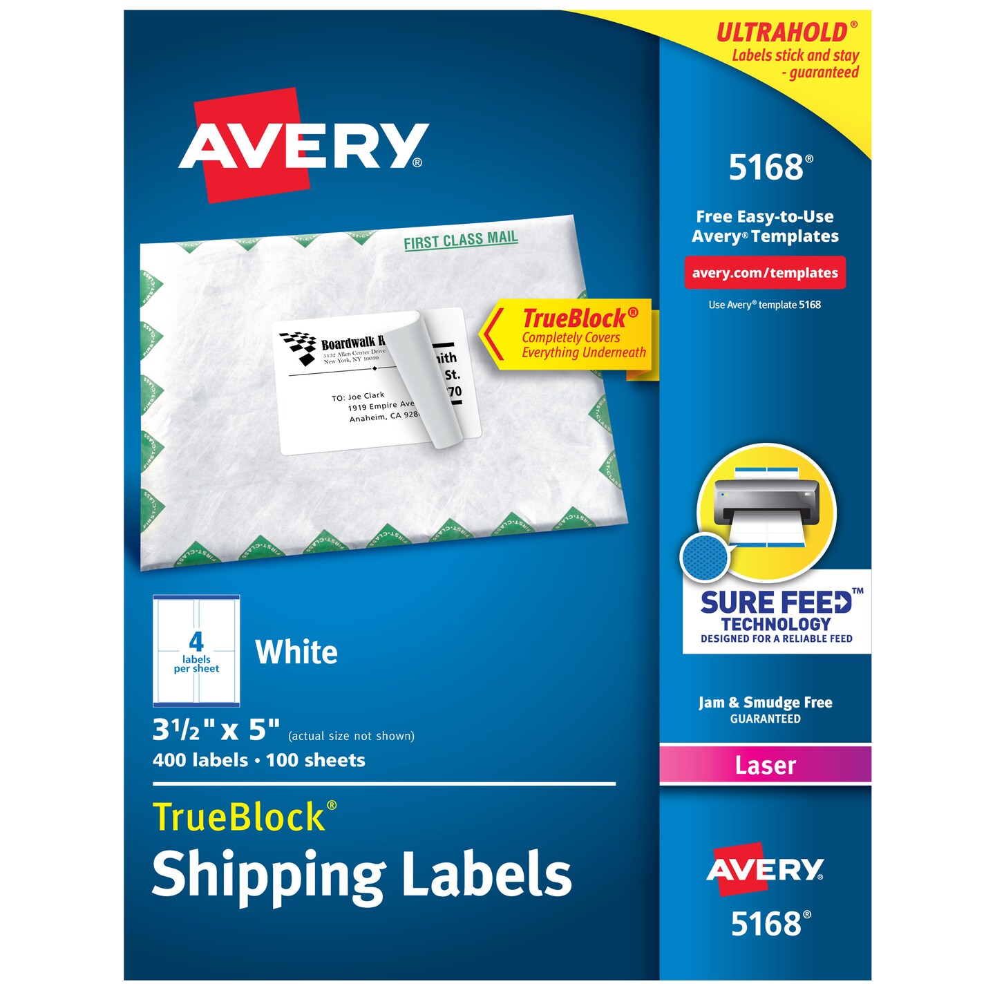 Avery TrueBlock Shipping Labels, Sure Feed Technology, Permanent Adhesive, 3-1/2&#x22; x 5&#x22;, 400 Labels (5168)