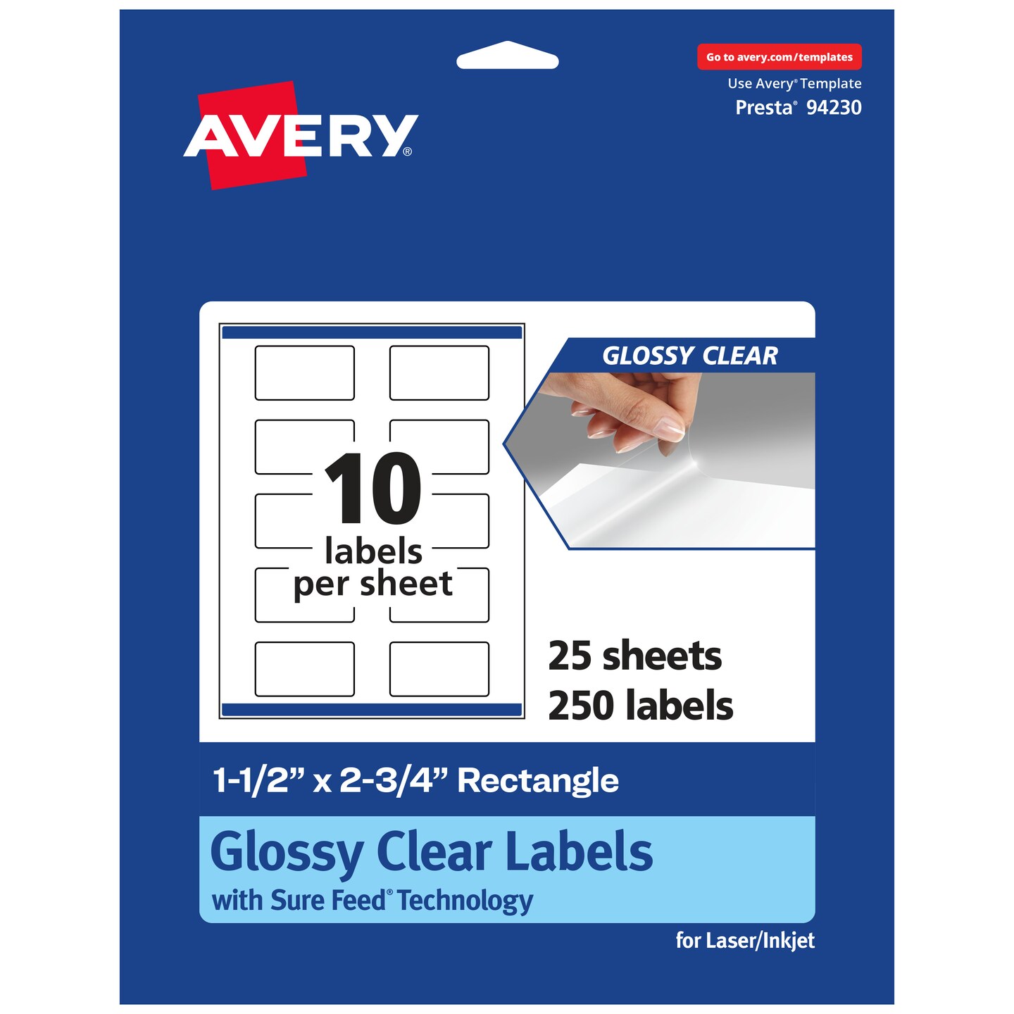 Avery Glossy Clear Rectangle Labels with Sure Feed, 1.5&#x22; x 2.75&#x22;