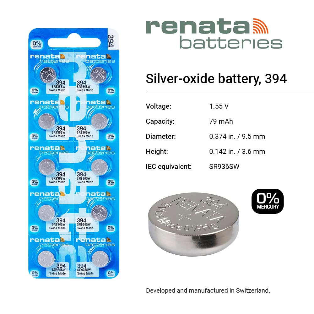 Renata Watch Battery Swiss Made Renata 394 or SR936SW Or AG9 1.5V (5 Batteries, SR 936 SW)