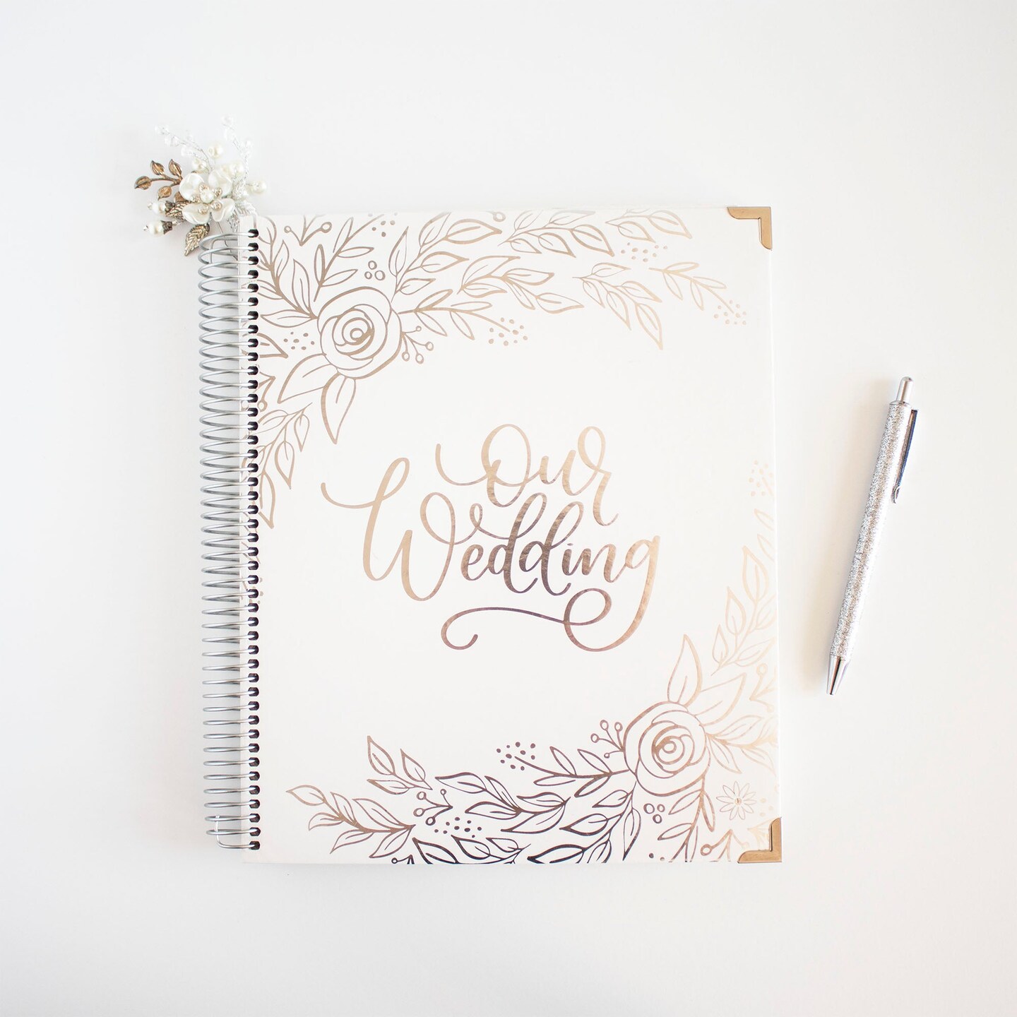 bloom daily planners Wedding Planner &#x26; Calendar, 9&#x22; x 11&#x22;, Silver Floral