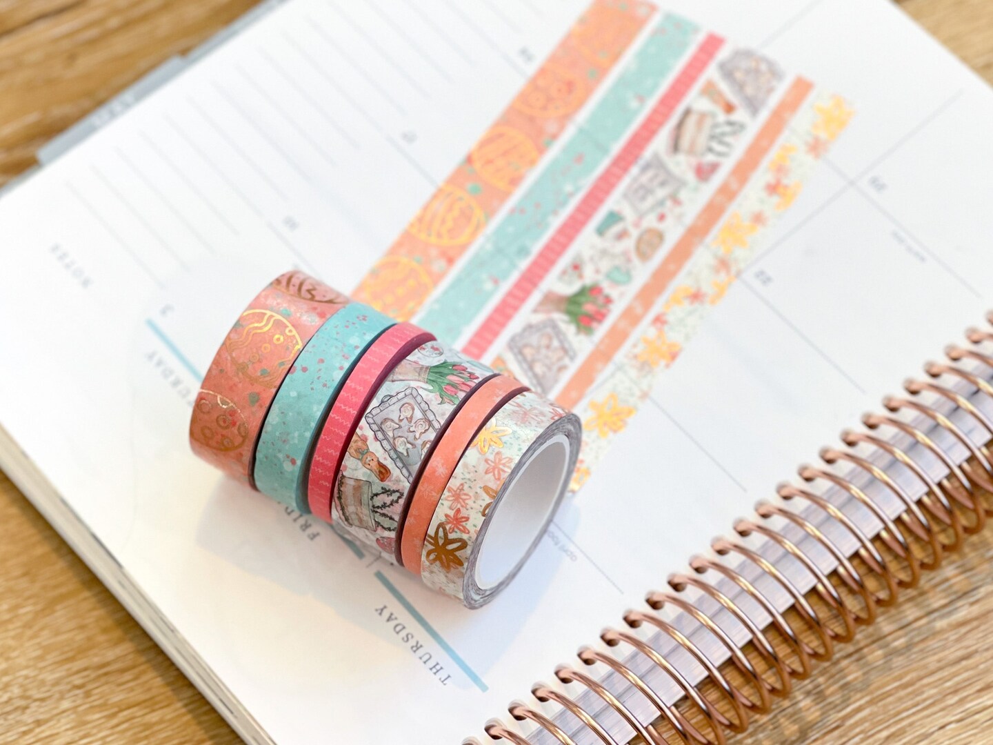 FOILED Easter Rose Gold Bunnies &#x26; Flowers Peach &#x26; Blue Washi Tape Set (#W055)